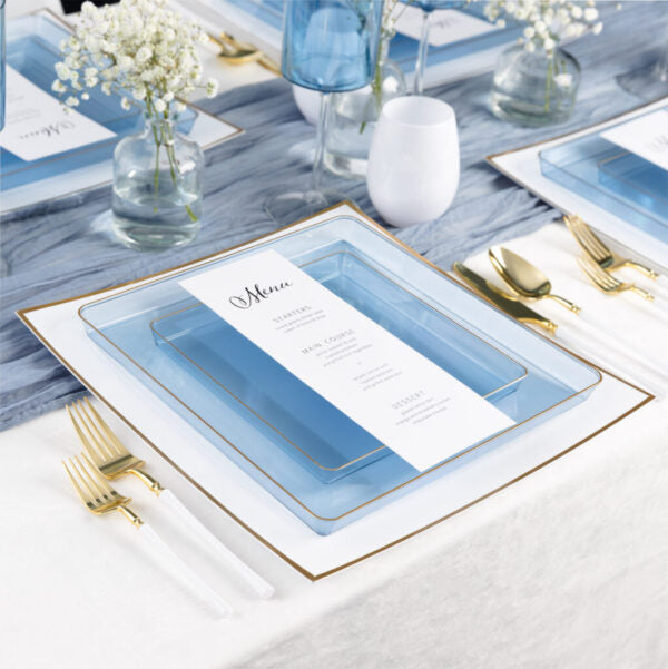 Blue Transparent and Gold Rim Square Plastic Plates (10 Pack) - Square Edge
