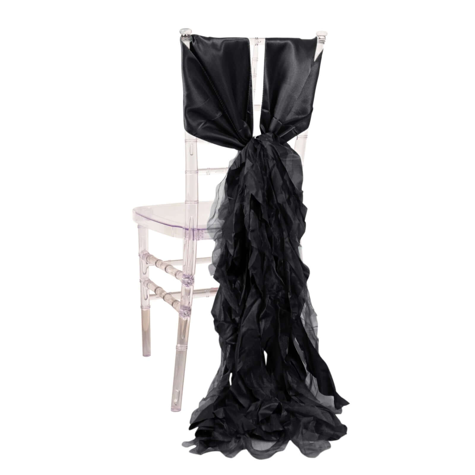5 Pack Chiffon Satin Chair Sashes Black - Easy to Install Lustrous Ruffled Curly Willow Wedding Chair Decorations Chair Sashes HIER_3311