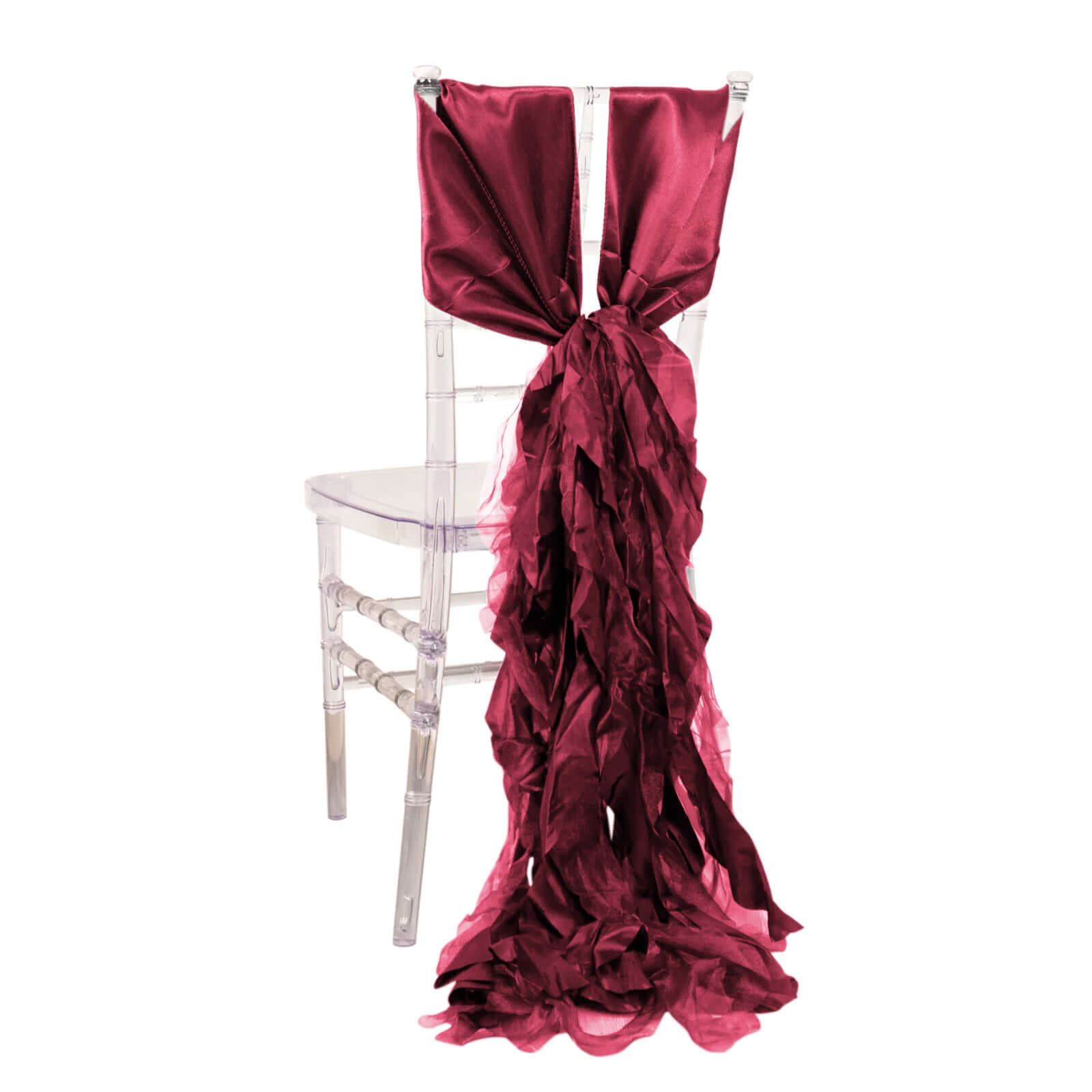 5 Pack Chiffon Satin Chair Sashes Burgundy - Easy to Install Ruffled Curly Willow Chair Sashes HIER_3311