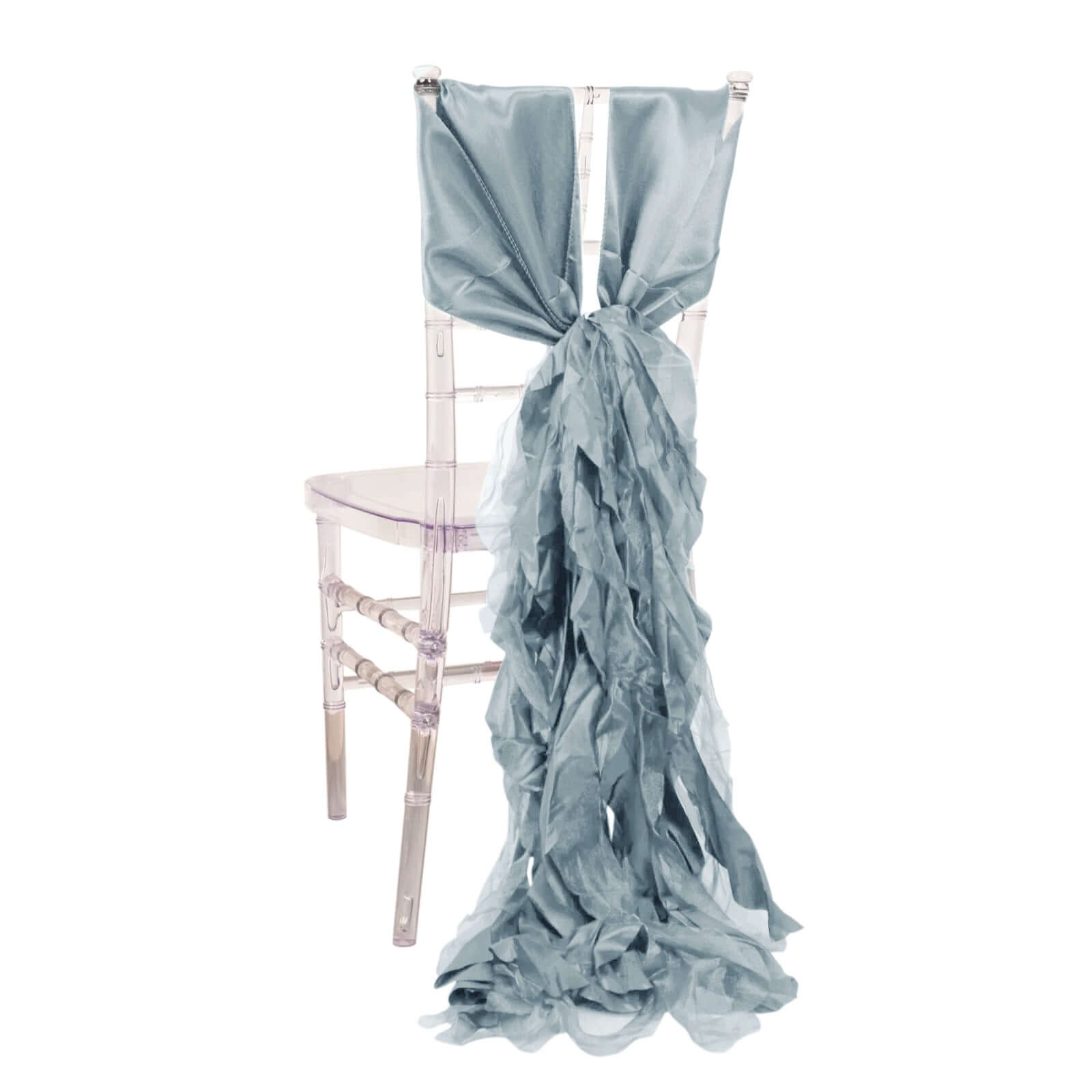 5 Pack Chiffon Satin Chair Sashes Dusty Blue - Easy to Install Ruffled Curly Willow Chair Sashes HIER_3311