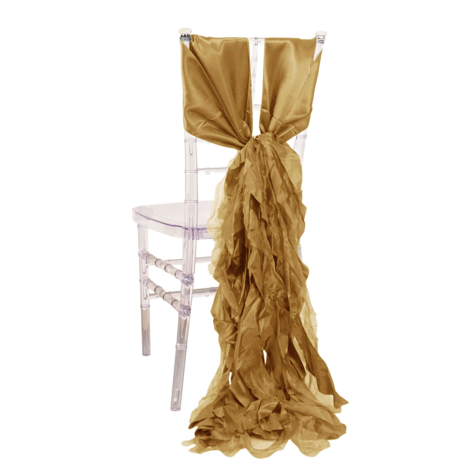 5 Pack Chiffon Satin Chair Sashes Gold - Easy to Install Lustrous Ruffled Curly Willow Wedding Chair Decorations Chair Sashes HIER_3311