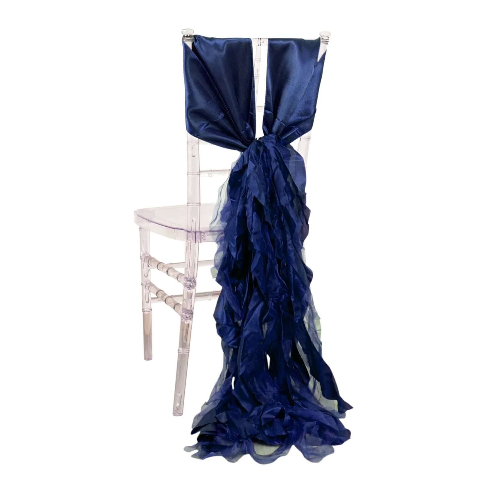 5 Pack Chiffon Satin Chair Sashes Navy Blue - Easy to Install Ruffled Curly Willow Chair Sashes HIER_3311