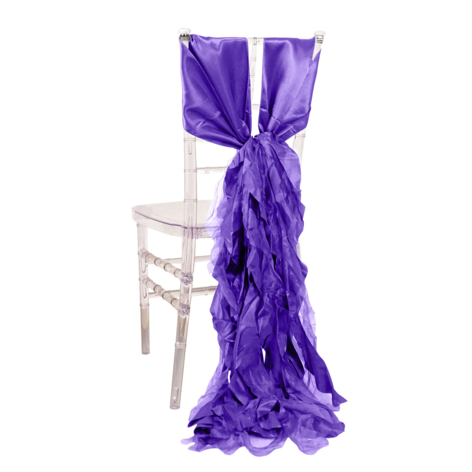 5 Pack Chiffon Satin Chair Sashes Purple - Easy to Install Ruffled Curly Willow Chair Sashes HIER_3311