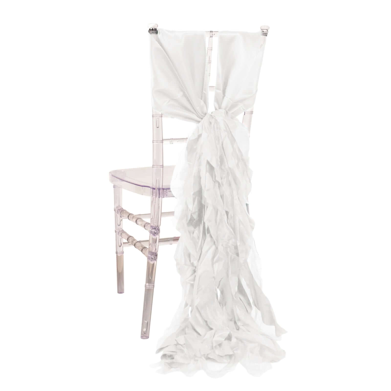 5 Pack Chiffon Satin Chair Sashes White - Easy to Install Lustrous Ruffled Curly Willow Wedding Chair Decorations Chair Sashes HIER_3311