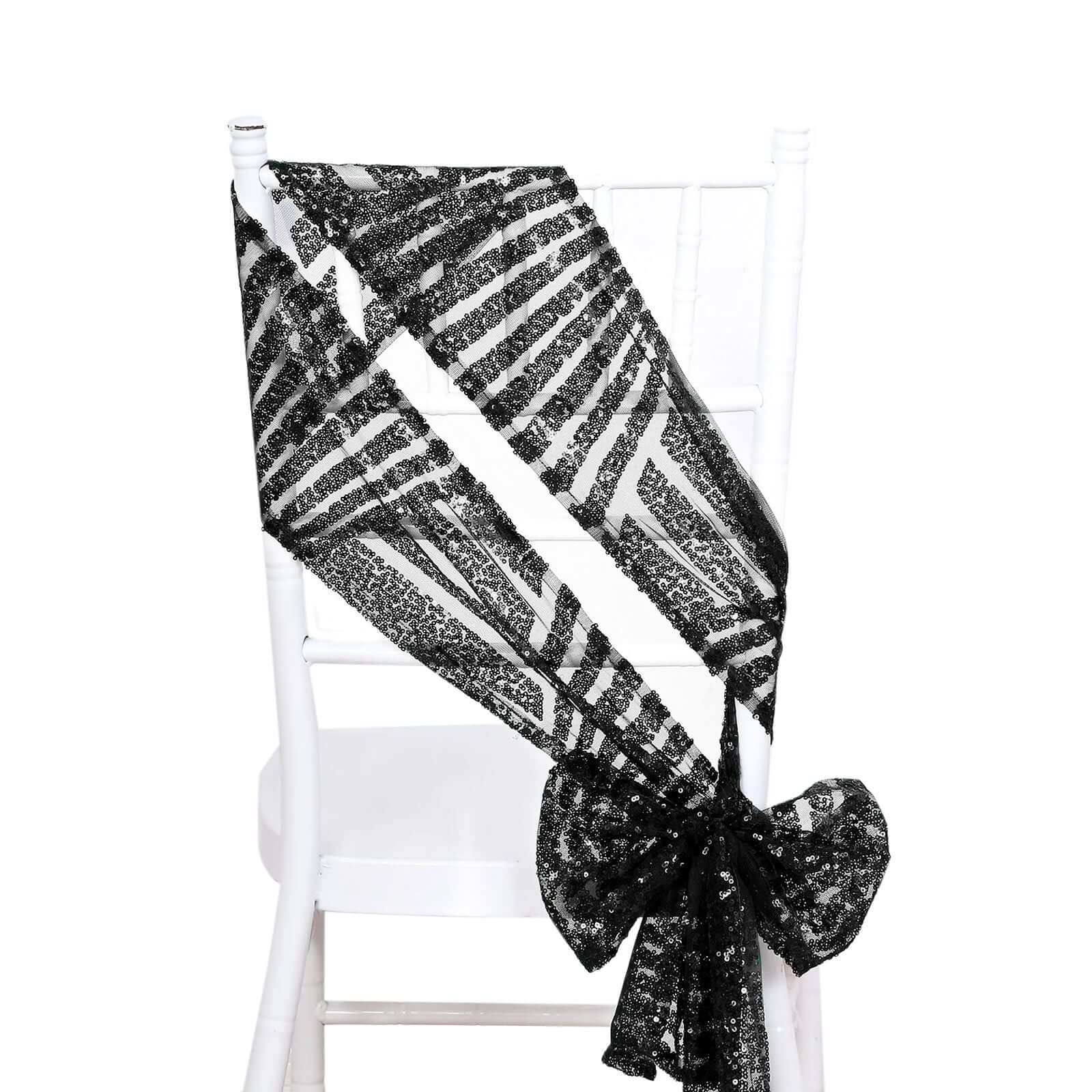 5 Pack Glitz Sequin Chair Sashes with Geometric Diamond Design 6"x88" Black - Glittering Accent for Weddings Chair Sashes HIER_3331