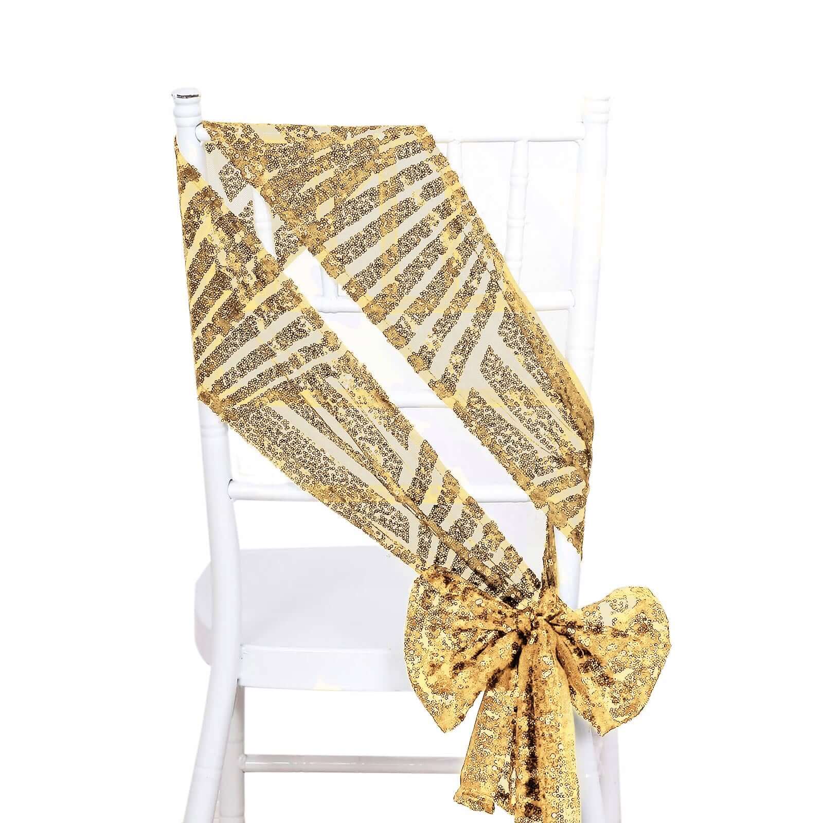 5 Pack Glitz Sequin Chair Sashes with Geometric Diamond Design 6"x88" Gold - Glittering Accent for Weddings Chair Sashes HIER_3331