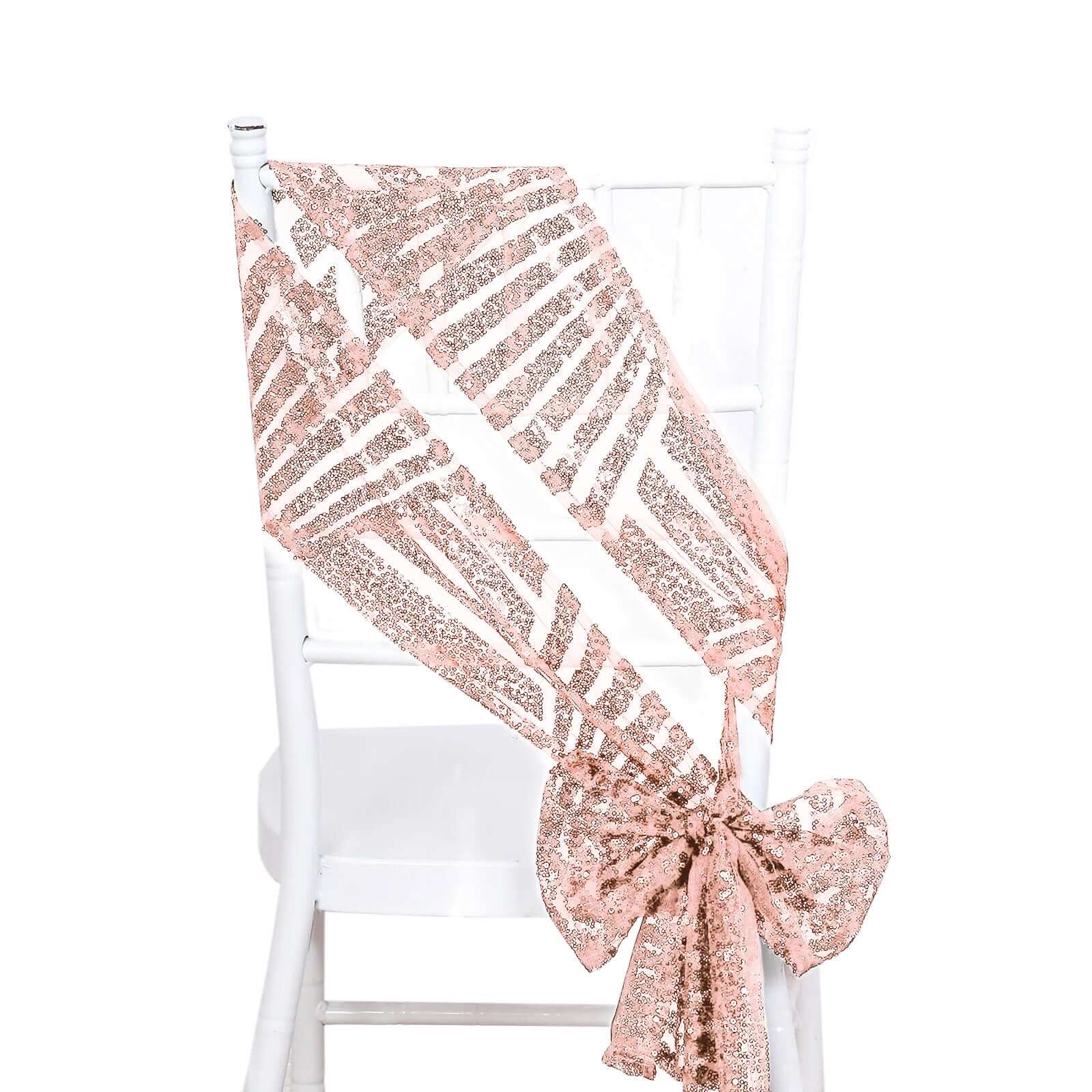5 Pack Glitz Sequin Chair Sashes with Geometric Diamond Design 6"x88" Rose Gold Chair Sashes HIER_3331