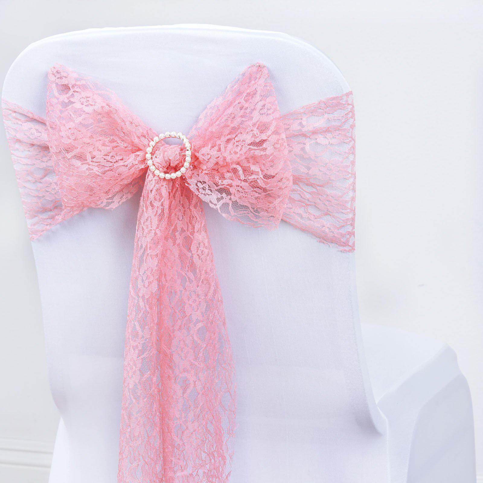5 Pack Lace Chair Sashes Rose Quartz with Whimsical Vintage Floral Motif for Stylish Occasions 6"x108" Chair Sashes HIER_3340