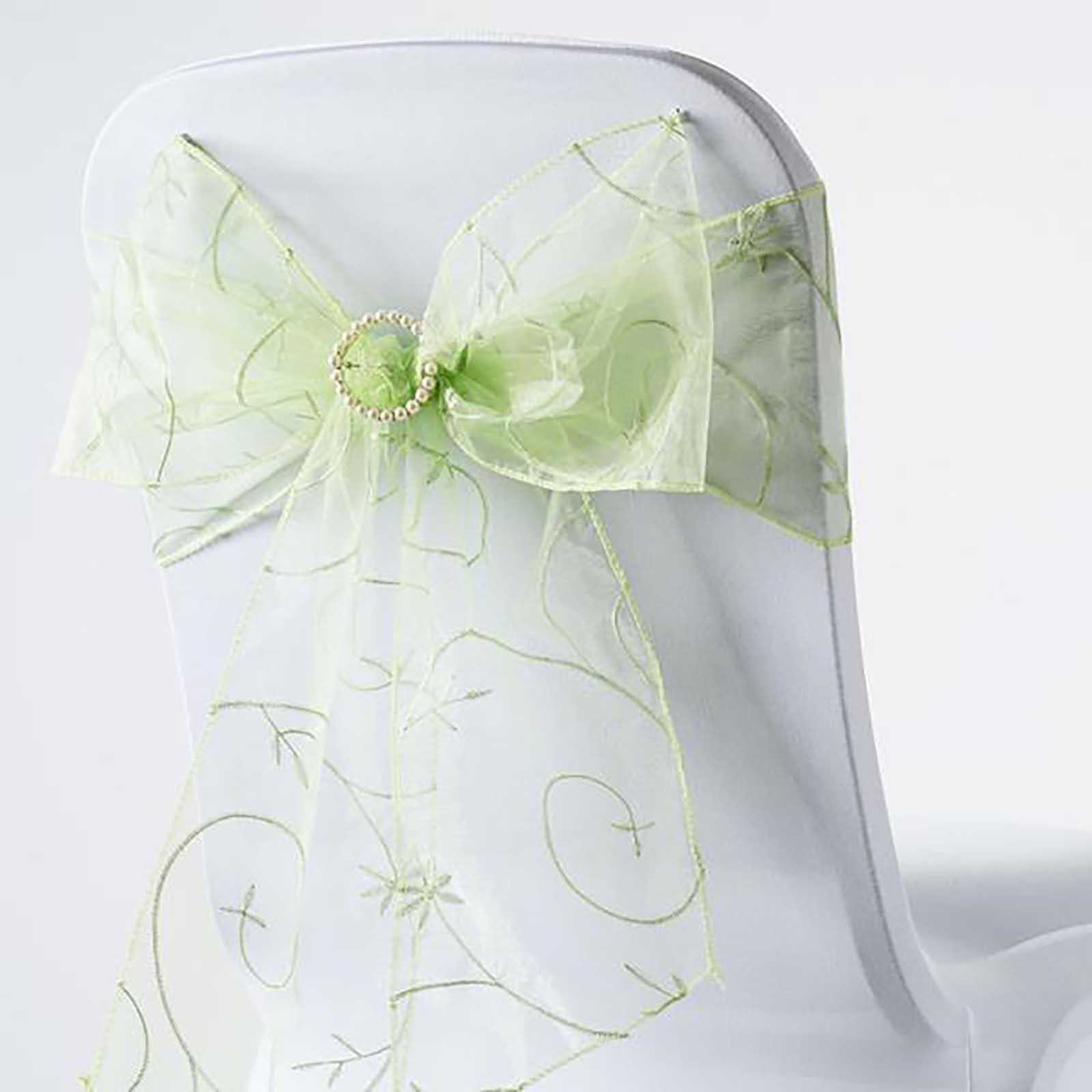 5 Pack Organza Chair Sashes with Satin Leaf Embroidery Apple Green - Reusable Sheer Design 7"x108" Chair Sashes HIER_3321