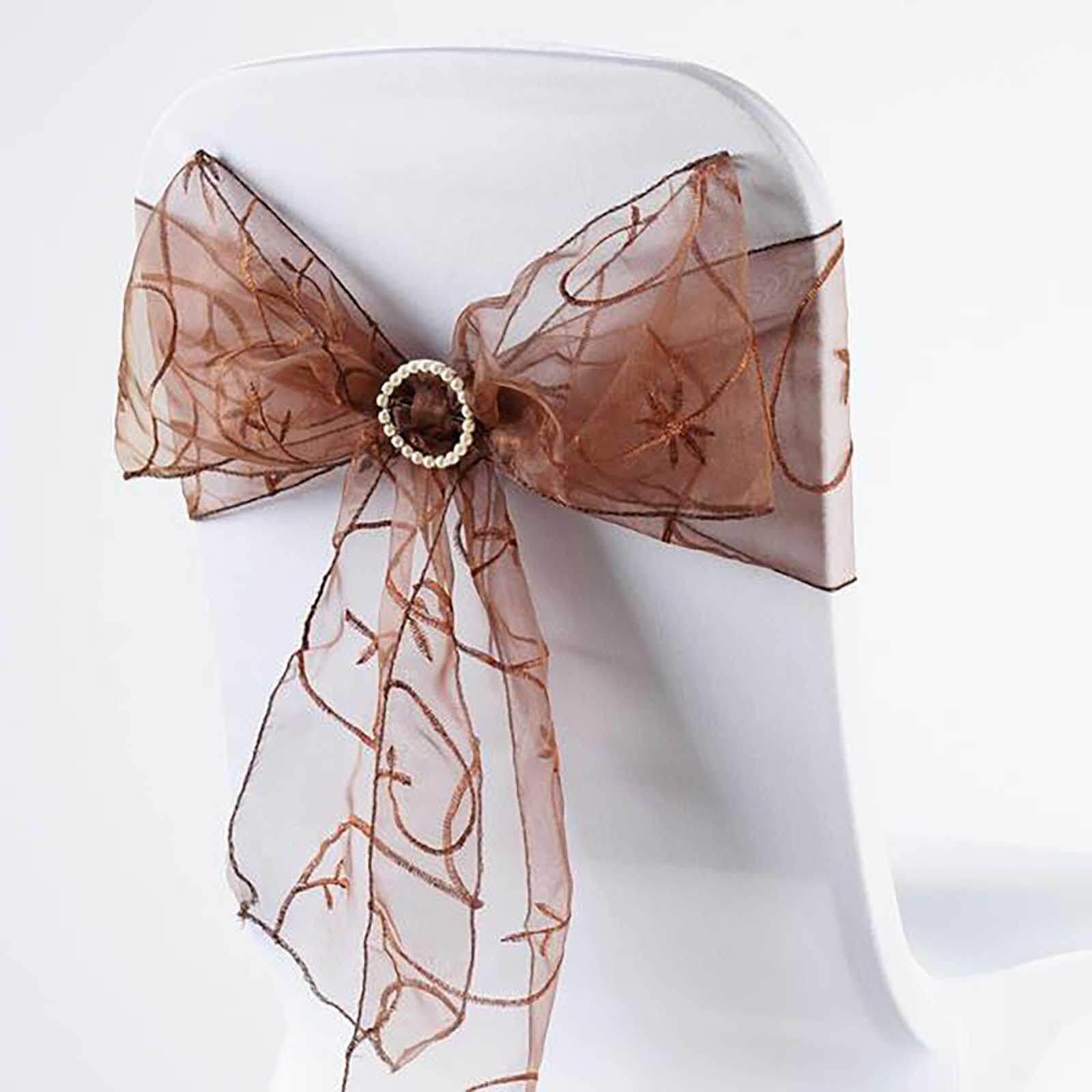 5 Pack Organza Chair Sashes with Satin Leaf Embroidery Chocolate - Reusable Sheer Design 7"x108" Chair Sashes HIER_3321