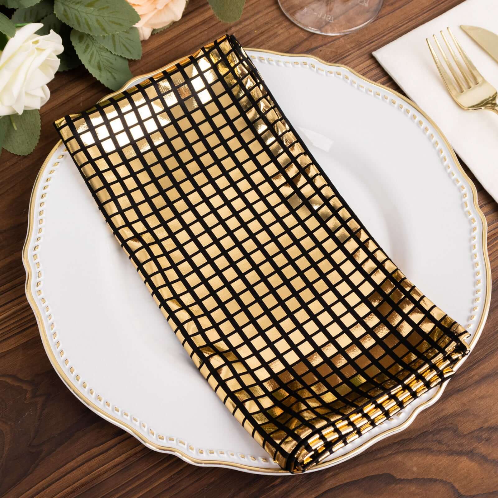 5 Pack Polyester 20"x20" Napkins Black with Reflective Gold Foil for Luxe Events & Retro Themes Napkins HIER_2420