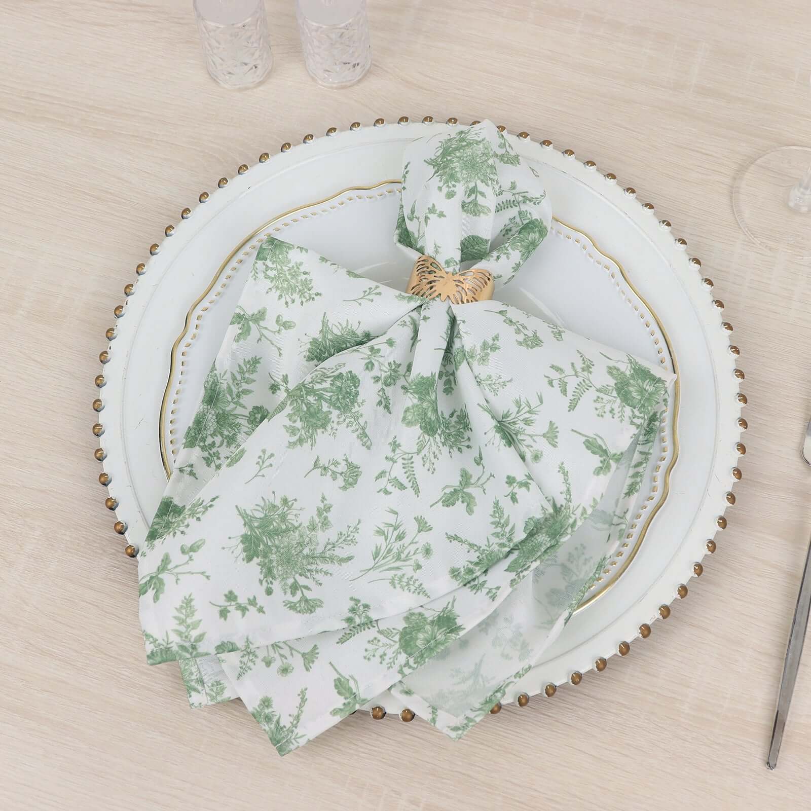 5 Pack Polyester 20"x20" Napkins Dusty Sage Green French Toile Pattern - Stylish Floral Dinner Napkins for Weddings, Events & Parties Napkins HIER_2430