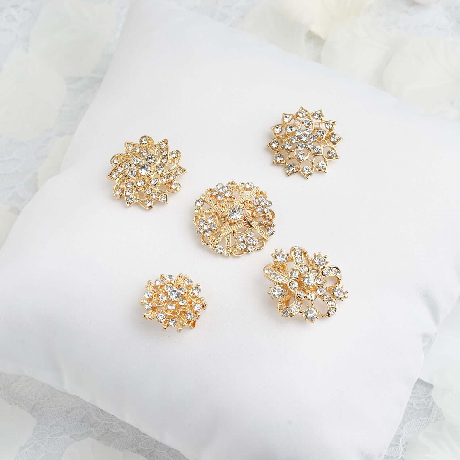 5 Pack Rhinestone Brooches Gold Plated with Mandala Crystal - Gleaming Floral Sash Pins for Wedding Bouquets & Events Chair Sashes HIER_3360