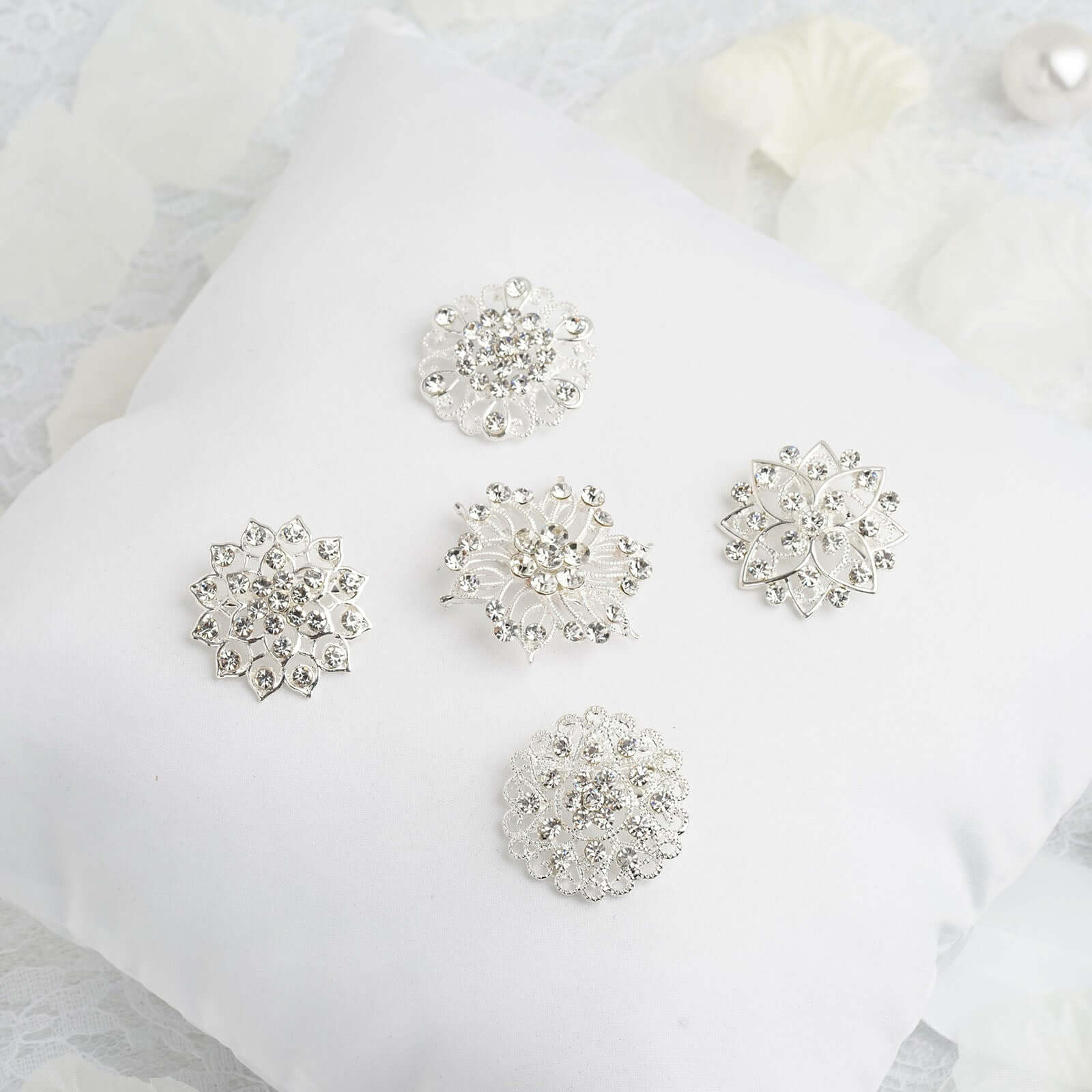 5 Pack Rhinestone Brooches Silver Plated with Mandala Crystal - Lustrous Floral Pins for Wedding Bouquets & Events Chair Sashes HIER_3360