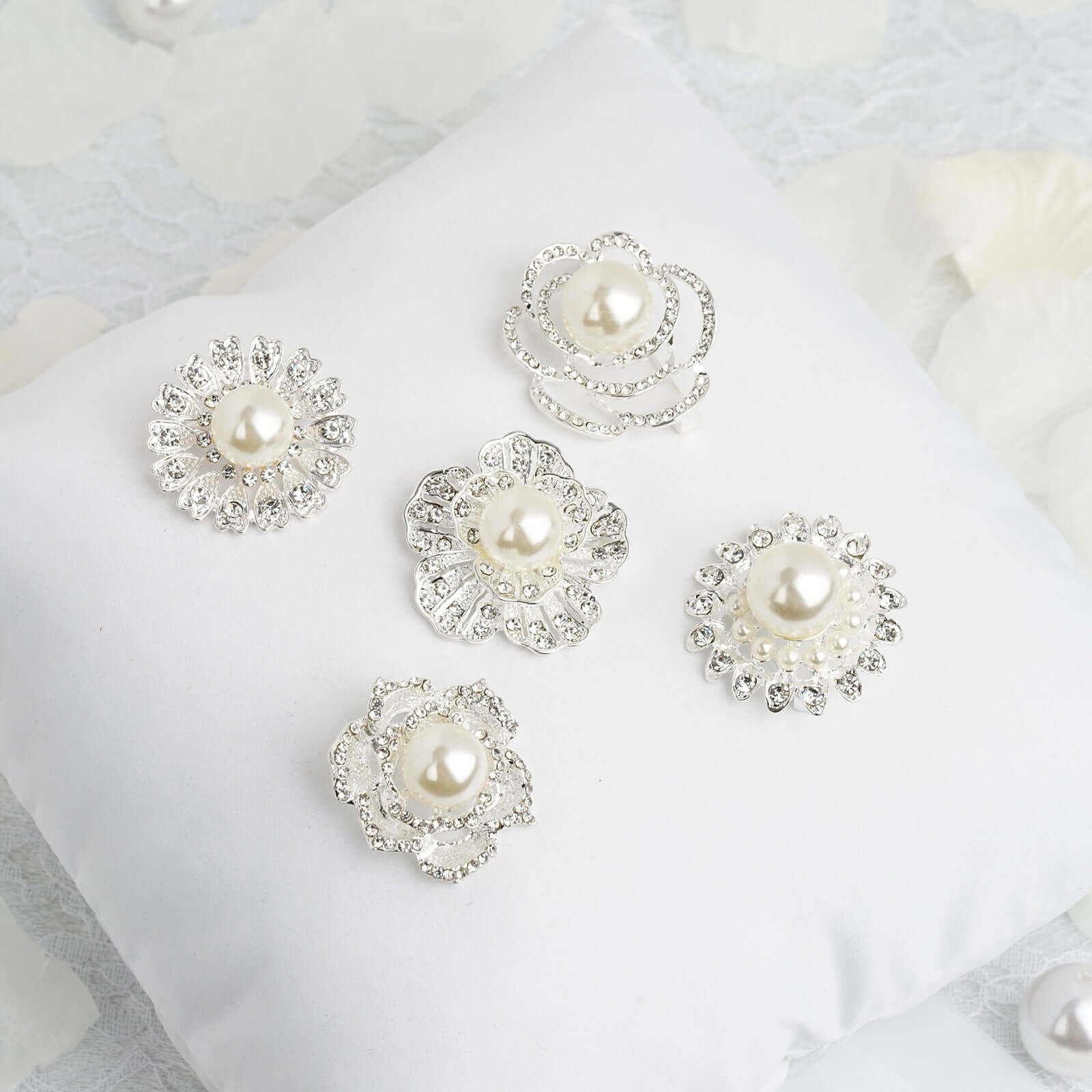 5 Pack Rhinestone Brooches Silver Plated with Pearl Center - Radiant Floral Pins for Wedding Bouquets & Events Chair Sashes HIER_3360