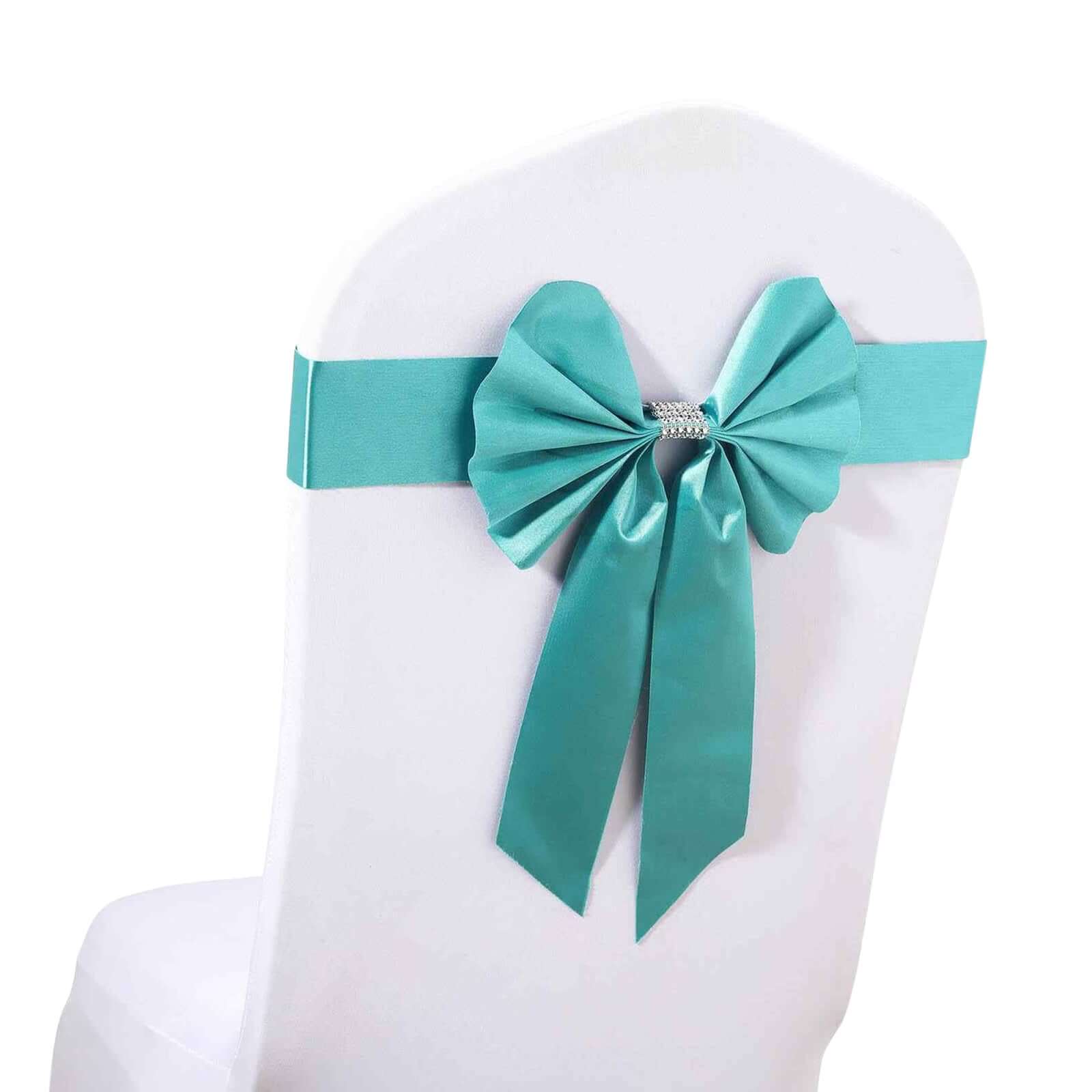 5 Pack Satin Faux Leather Chair Sashes Turquoise - Durable Double Sided Pre-tied Bow Tie Chair Bands with Diamond Rhinestone Buckles Chair Sashes HIER_3311