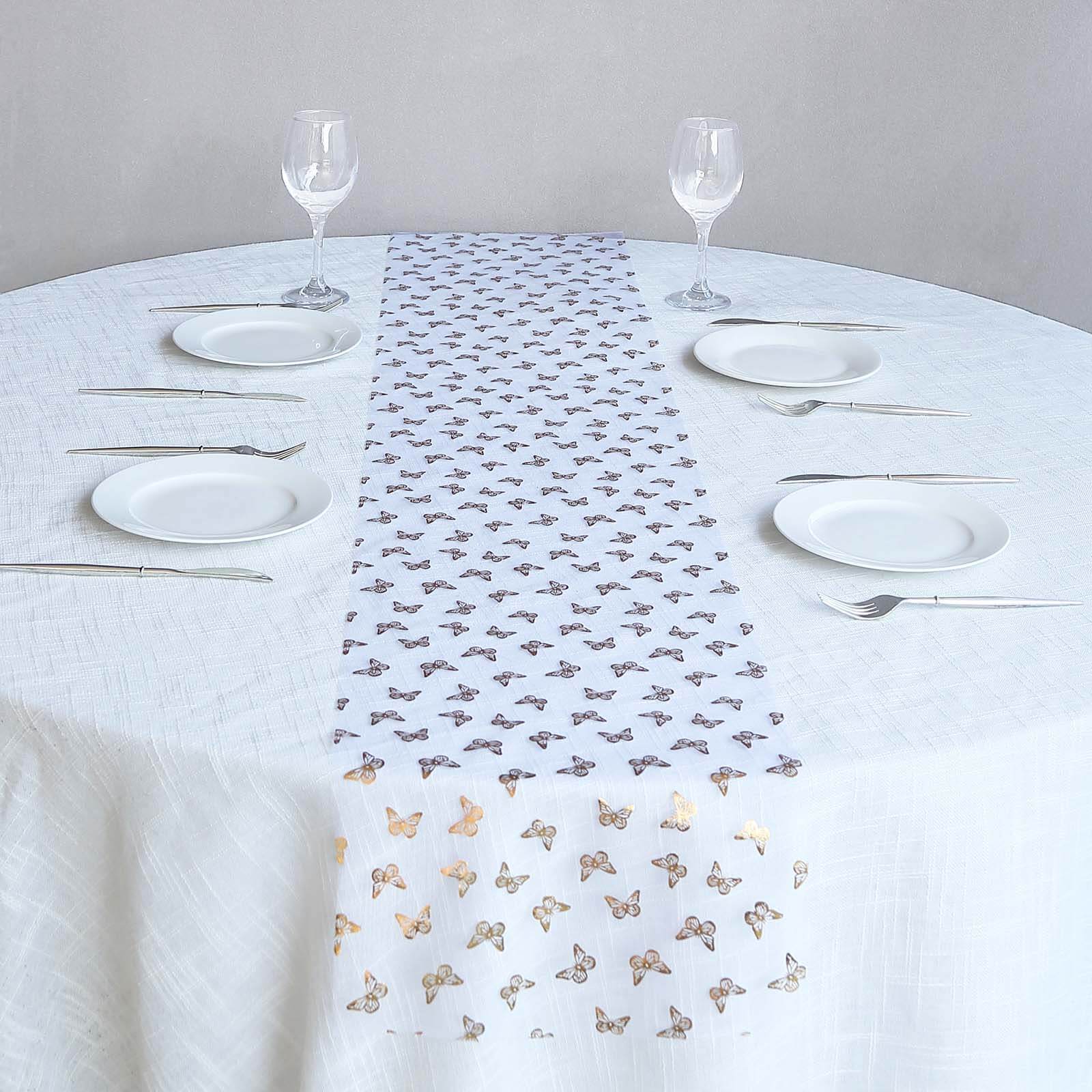5 Pack Sheer Organza 11"x108" Table Runner Rolls White Disposable with Metallic Gold Foil Butterflies Motifs Runners HIER_2320