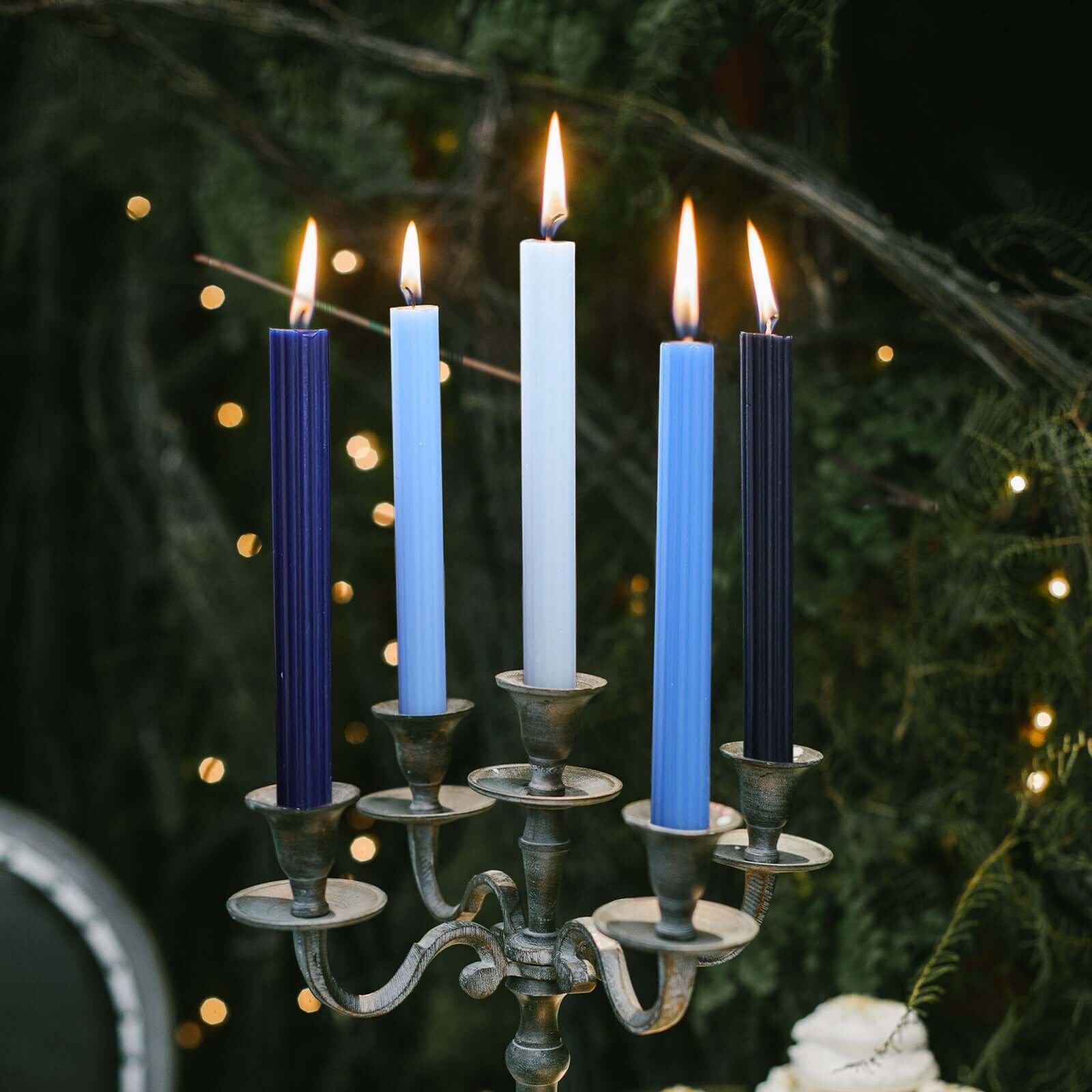 5-Pack Taper Candles Ribbed Wick Ribbon Wax Design Assorted Blue - Premium Unscented Dinner Candles 9" Decorations HIER_8400