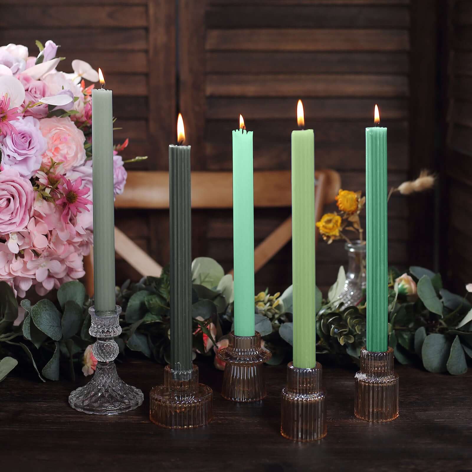 5-Pack Taper Candles Ribbed Wick Ribbon Wax Design Assorted Green - Premium Unscented Dinner Candles 9" Decorations HIER_8400