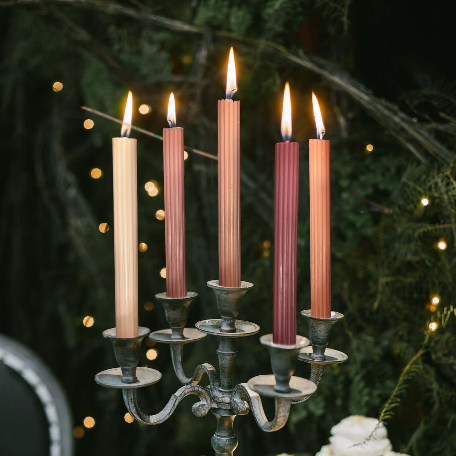 5-Pack Taper Candles Ribbed Wick Ribbon Wax Design Assorted Natural - Premium Unscented Dinner Candles 9" Decorations HIER_8400
