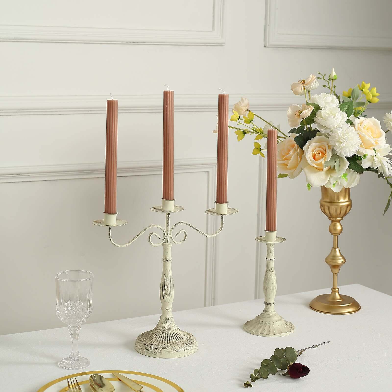 5-Pack Taper Candles Ribbed Wick Ribbon Wax Design Beige - Premium Unscented Dinner Candles 9" Decorations HIER_8400