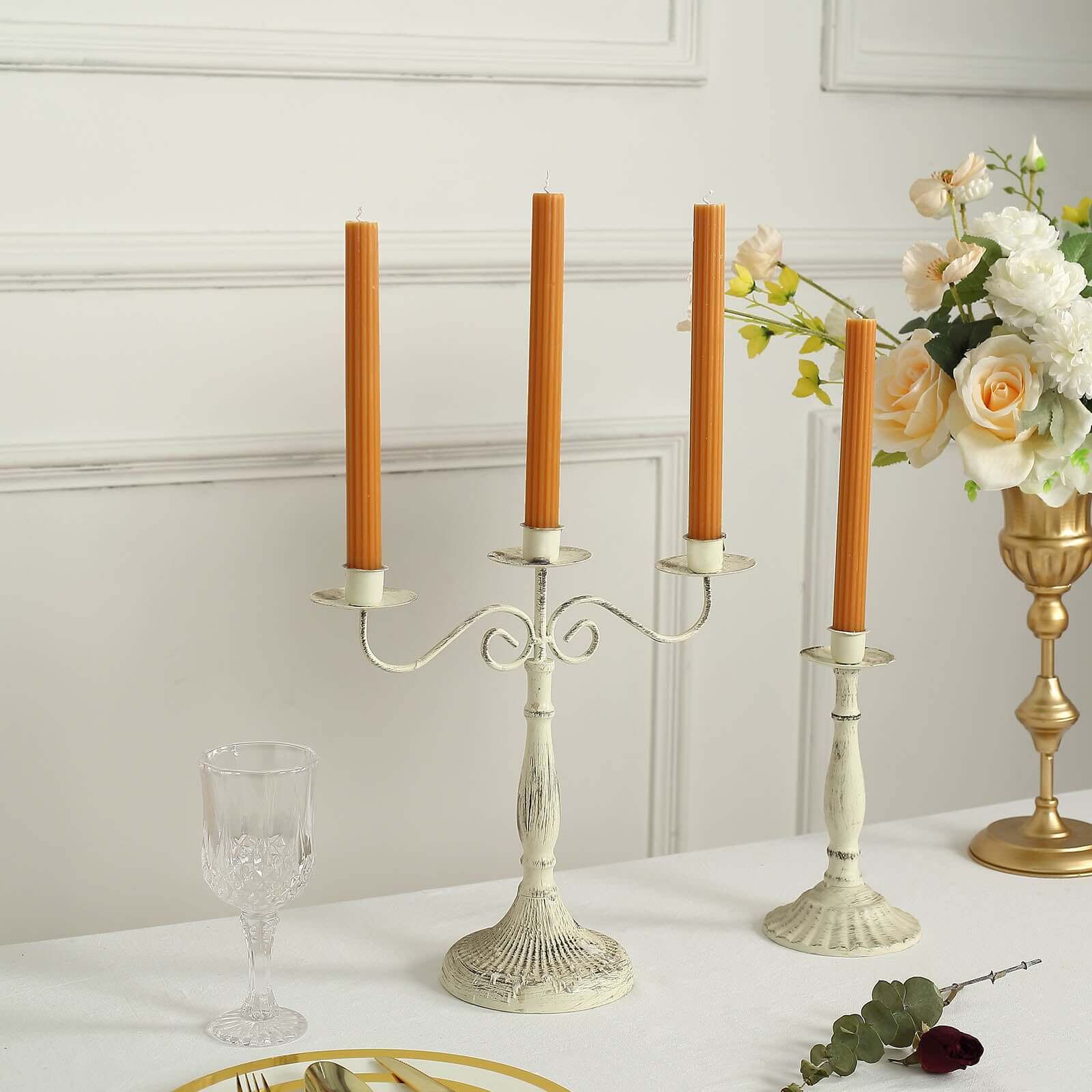 5-Pack Taper Candles Ribbed Wick Ribbon Wax Design Gold - Premium Unscented Dinner Candles 9" Decorations HIER_8400