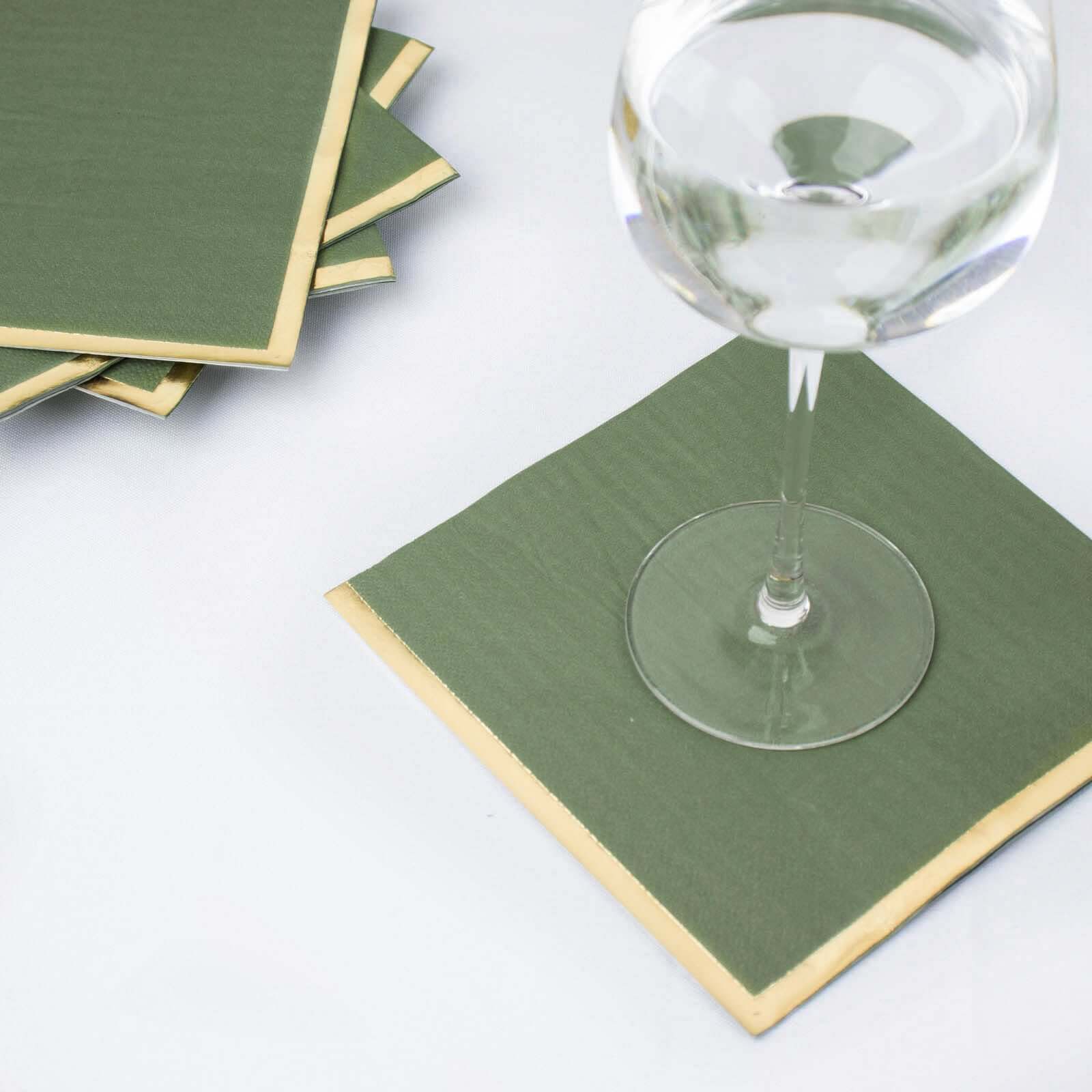 50-Pack Paper Beverage Napkins with Gold Foil Olive Green - Disposable 2 Ply Cocktail Napkins for Events 6.5"x6.5" Napkins HIER_4510