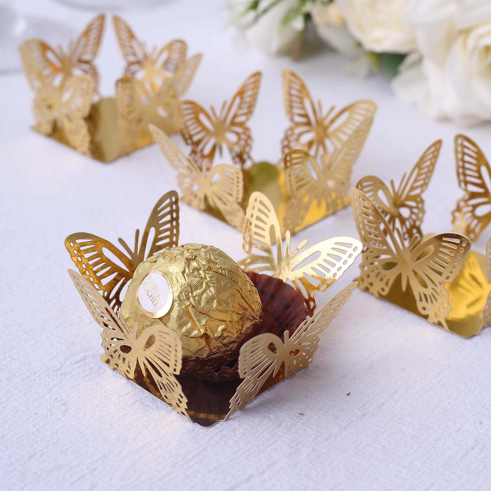 50-Pack Mini Paper Truffle Cup Liners Butterfly Square Design Metallic Gold - 225GSM Cupcake Tray Wrappers 4" Decorations HIER_7540