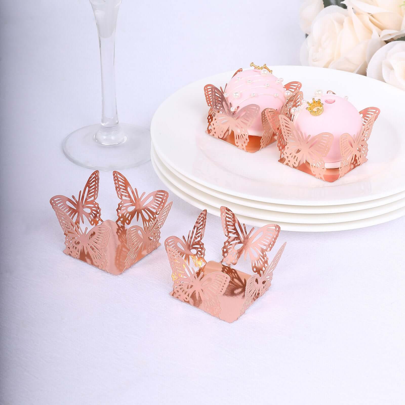 50-Pack Mini Paper Truffle Cup Liners Butterfly Square Design Metallic Rose Gold - 225GSM Cupcake Tray Wrappers 4" Decorations HIER_7540