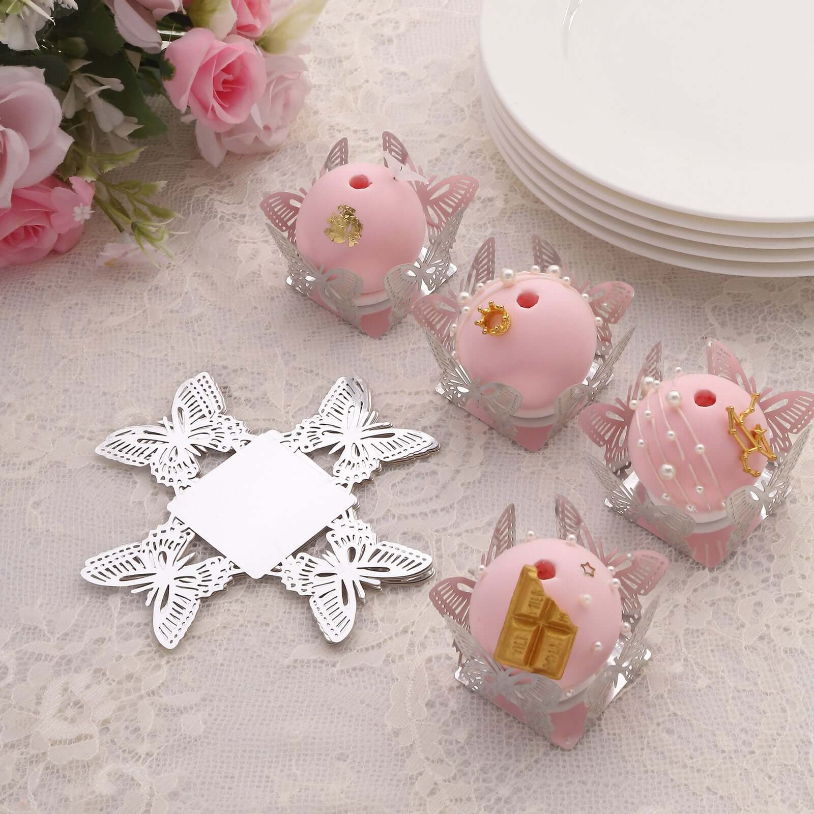 50-Pack Mini Paper Truffle Cup Liners Butterfly Square Design Metallic Silver - 225GSM Cupcake Tray Wrappers 4" Decorations HIER_7540