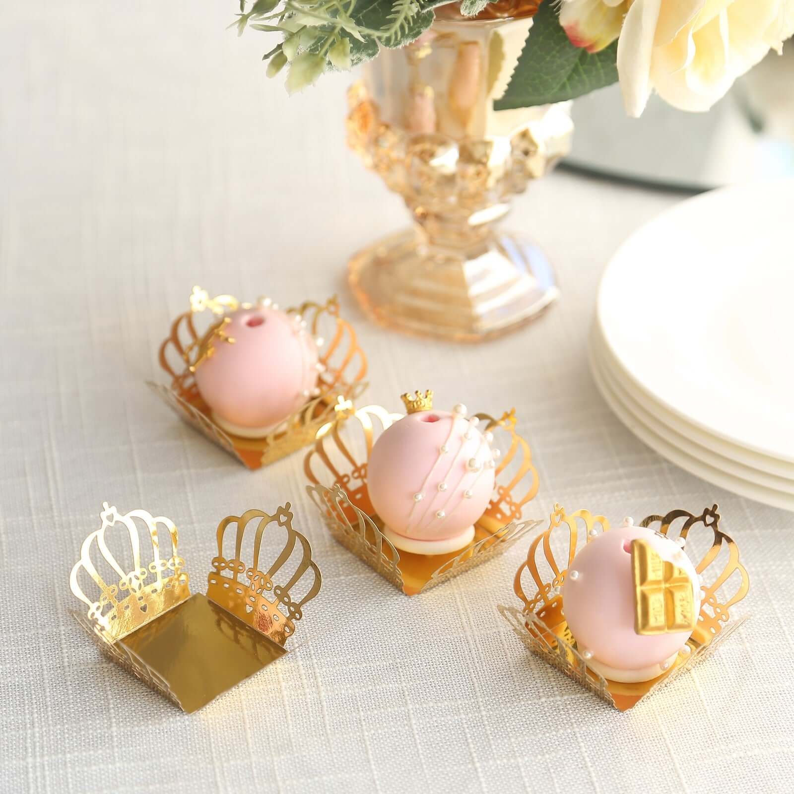50-Pack Mini Paper Truffle Cup Liners Crown Square Design Metallic Gold - 225GSM Cupcake Tray Wrappers 4" Decorations HIER_7540