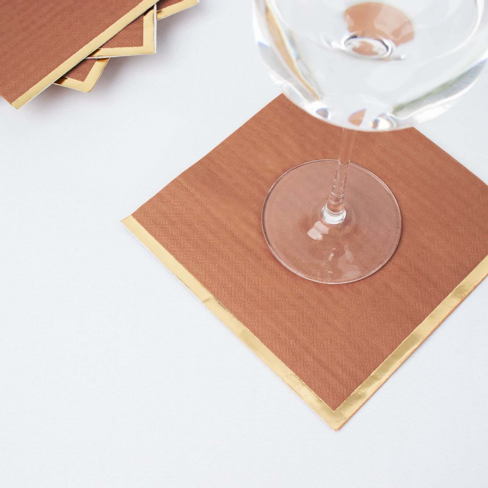 50-Pack Paper Beverage Napkins with Gold Foil Edge Terracotta (Rust) - Disposable 2 Ply Cocktail Napkins for Events 6.5"x6.5" Napkins HIER_4510