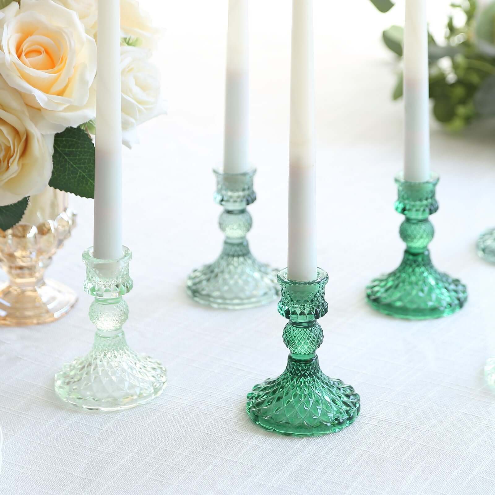 6-Pack Glass Taper Candlestick Holders Diamond Pattern Design Assorted Green - Reversible Crystal Pillar Votive Stands 4" Centerpieces HIER_7130