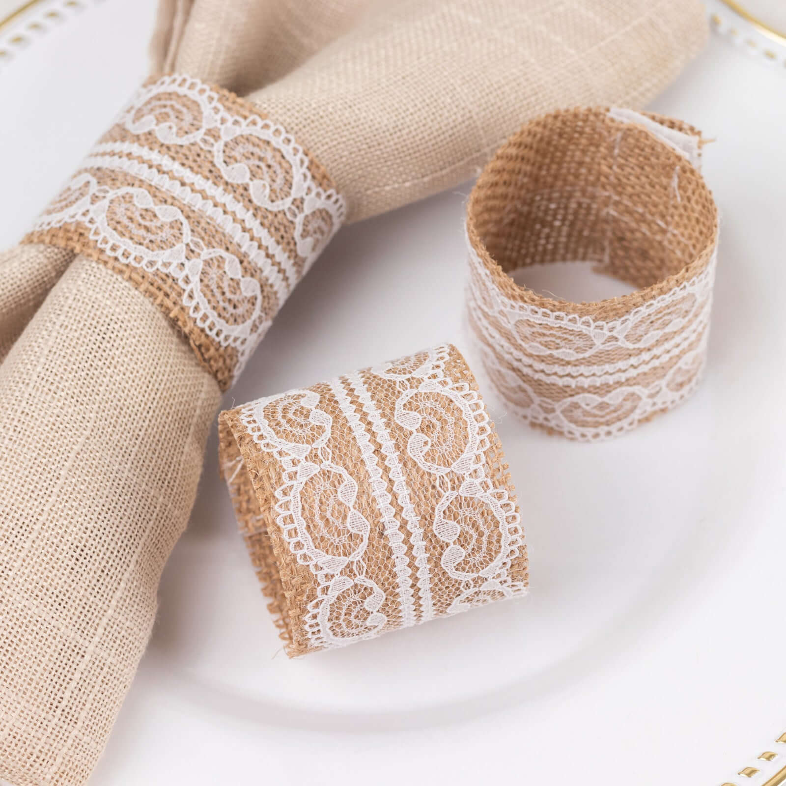 6 Pack Rustic Boho Chic Burlap and Lace Napkin Rings, Farmhouse Style Jute Serviette Buckles Holder Napkins HIER_2480