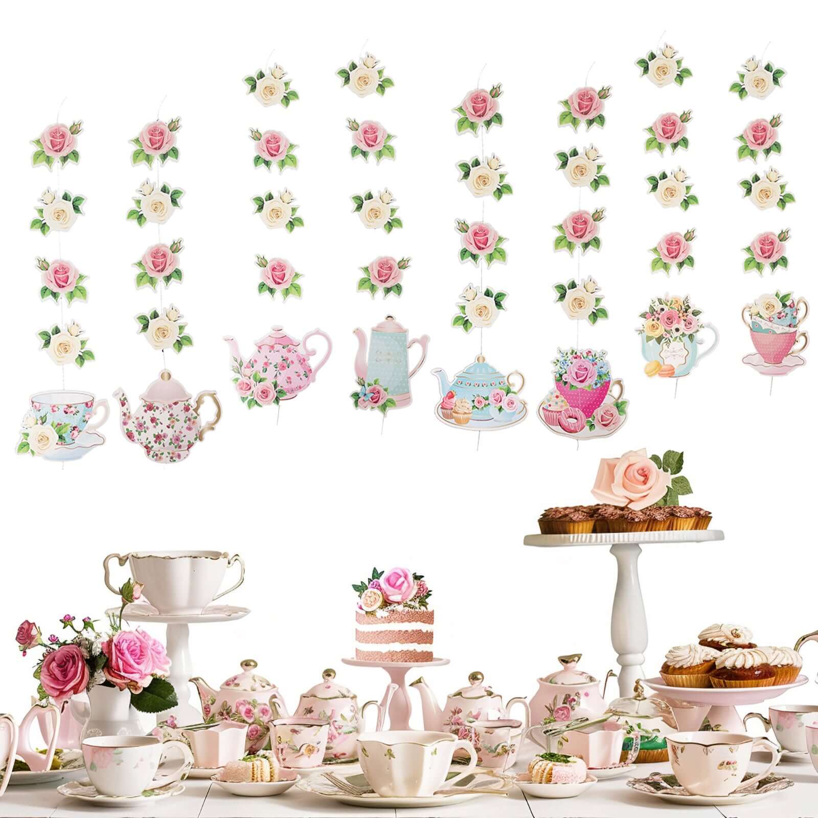 8 Pack Double Sided Floral Tea Party Paper Garland, 40" Pre-Assembled Mixed Teapot Banner Hanging Decorations Decorations HIER_9900