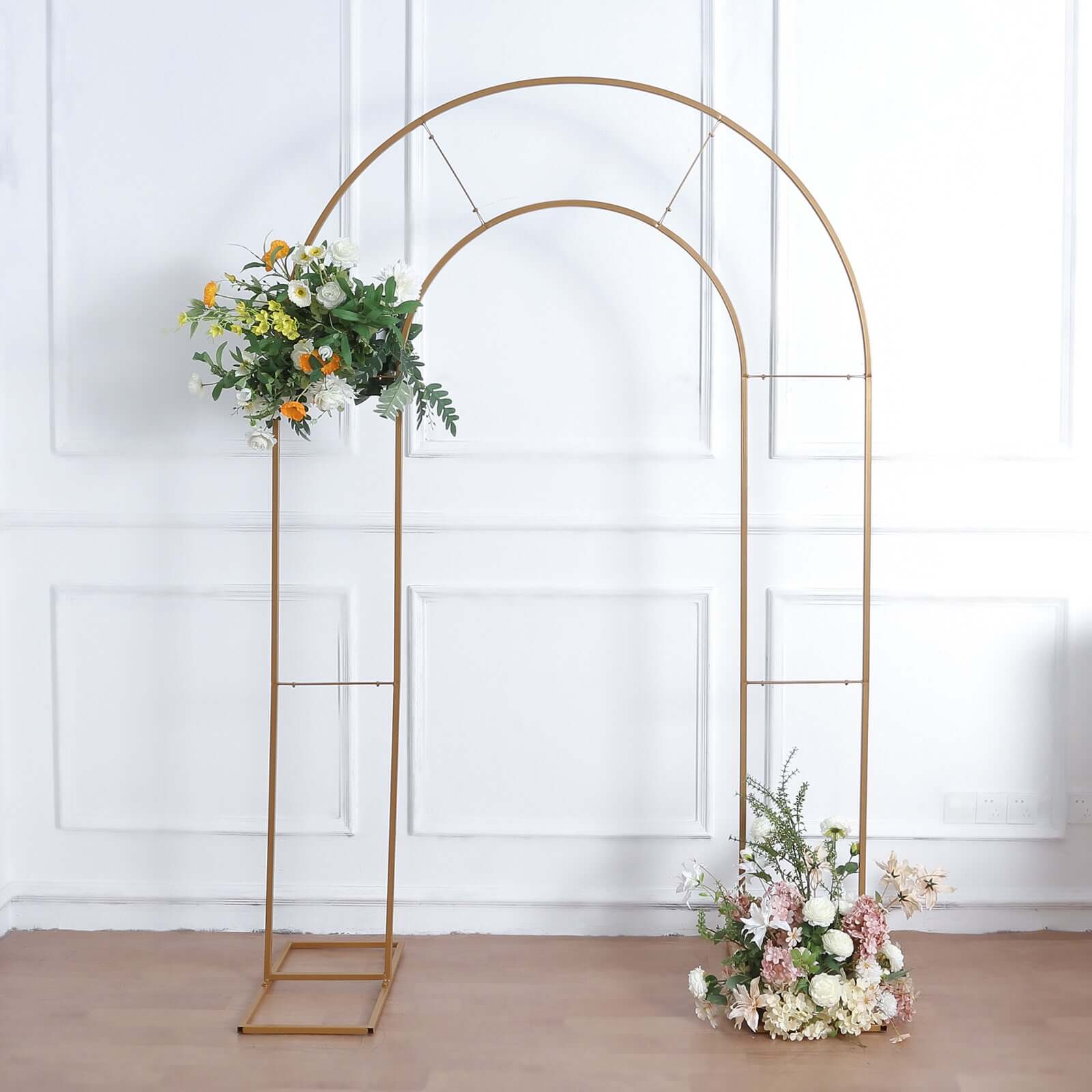 8ft Tall Gold Metal Round Top Double Arch Wedding Arbor Ceremony Stand, Flower Balloon Frame Backdrop Stand Backdrops HIER_5100