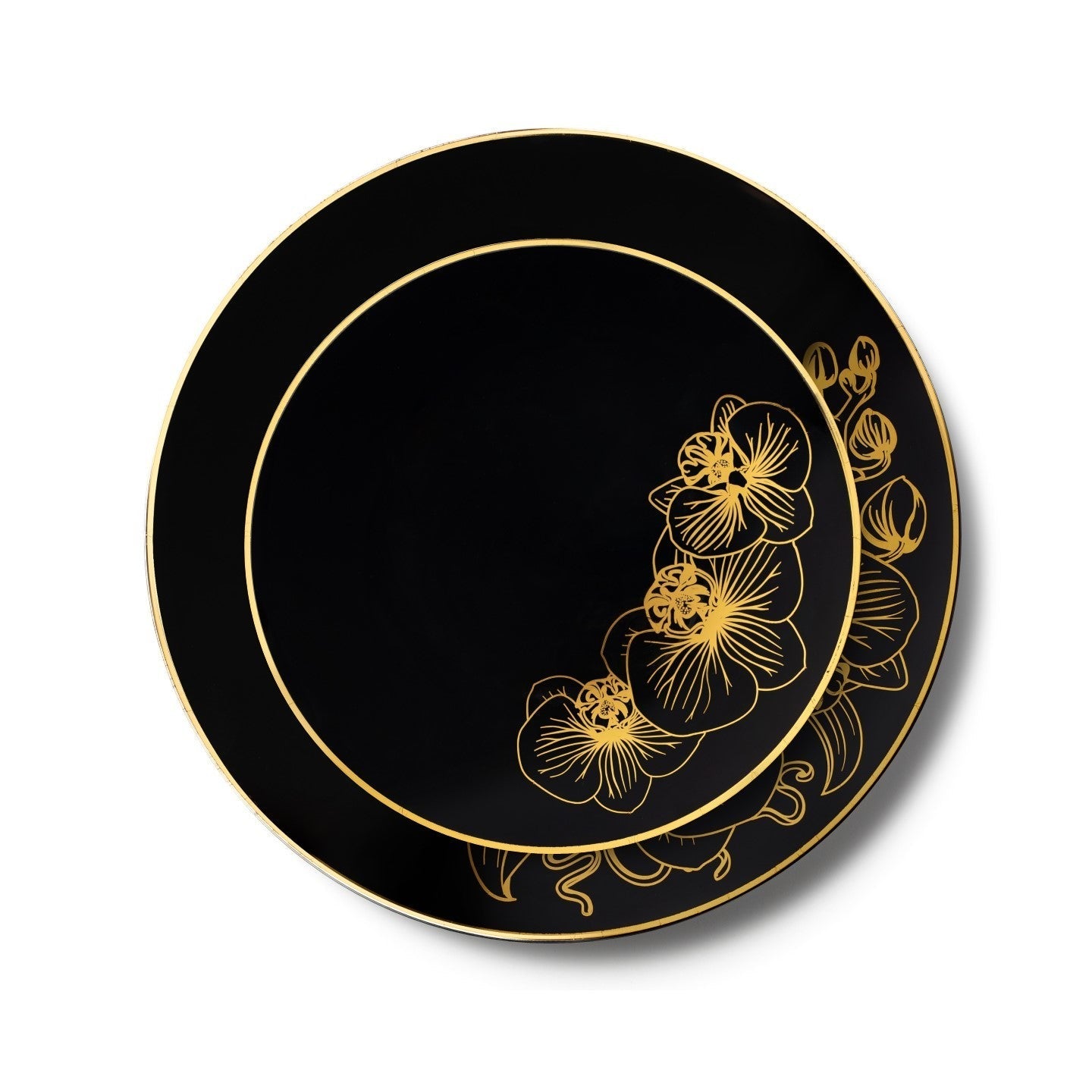 192 Piece Combo Black and Gold Round Plastic Dinnerware Set (96 Servings) - Orchid