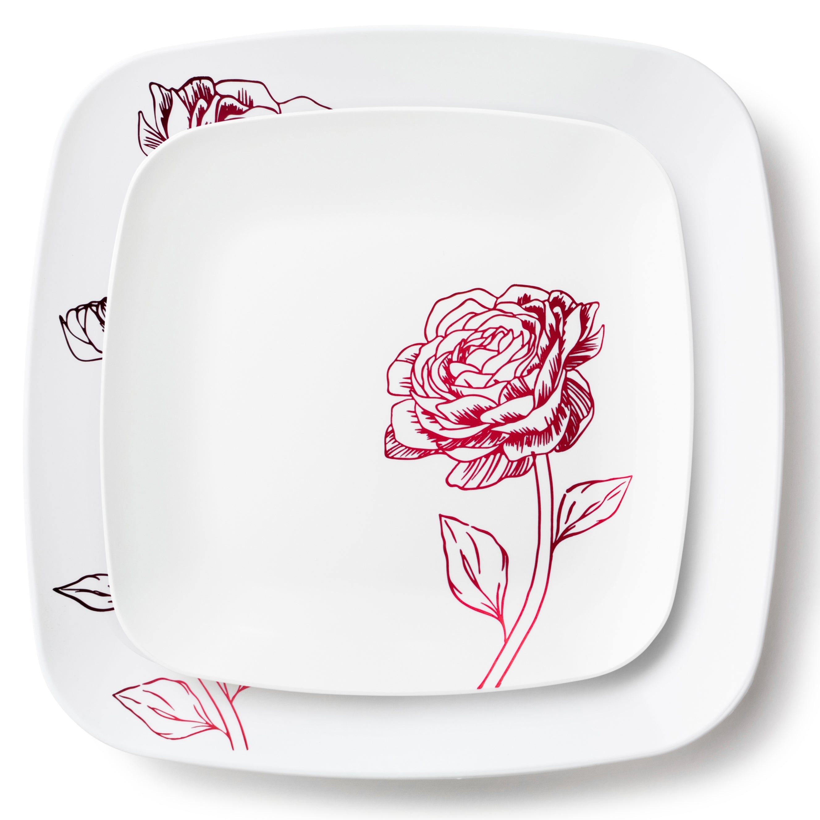 32 Piece Combo White and Burgundy Square Plastic Dinnerware Set (16 Servings) - Peony