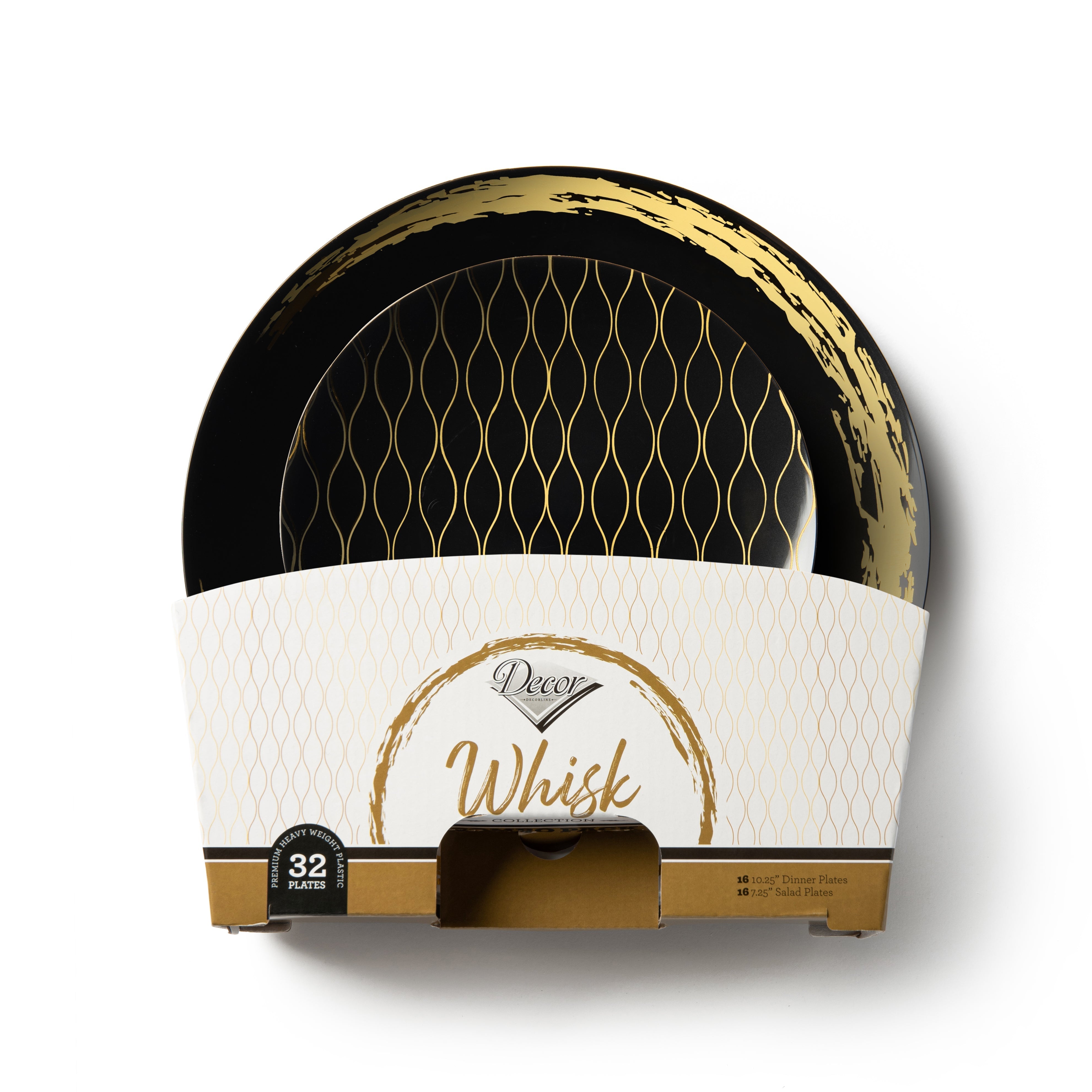 192 Piece Combo Black and Gold Round Plastic Dinnerware Set (96 Servings) - Whisk