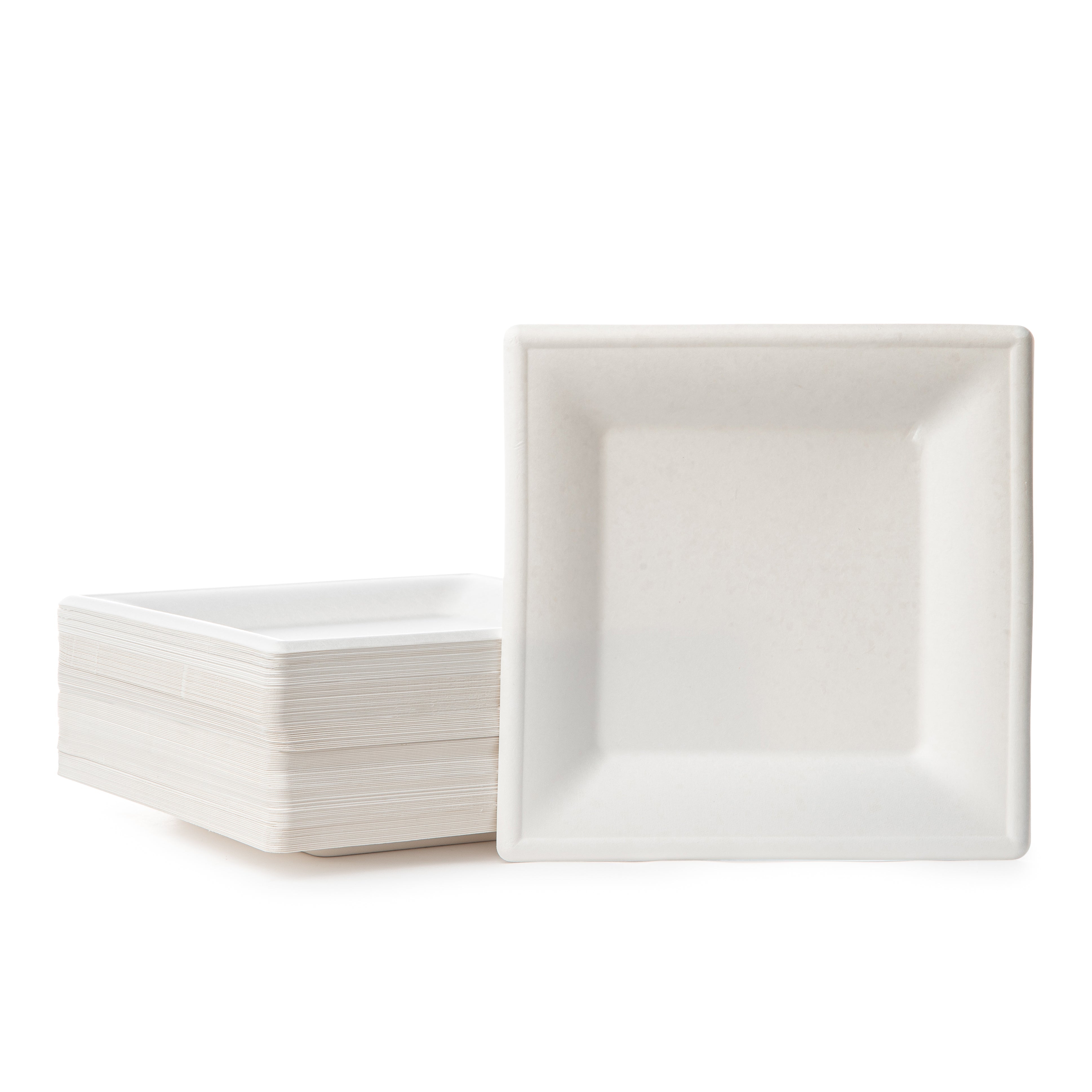 100% Compostable Paper Plates Square Natural Disposable Sugar Cane Bagasse Plate - Green Leaf