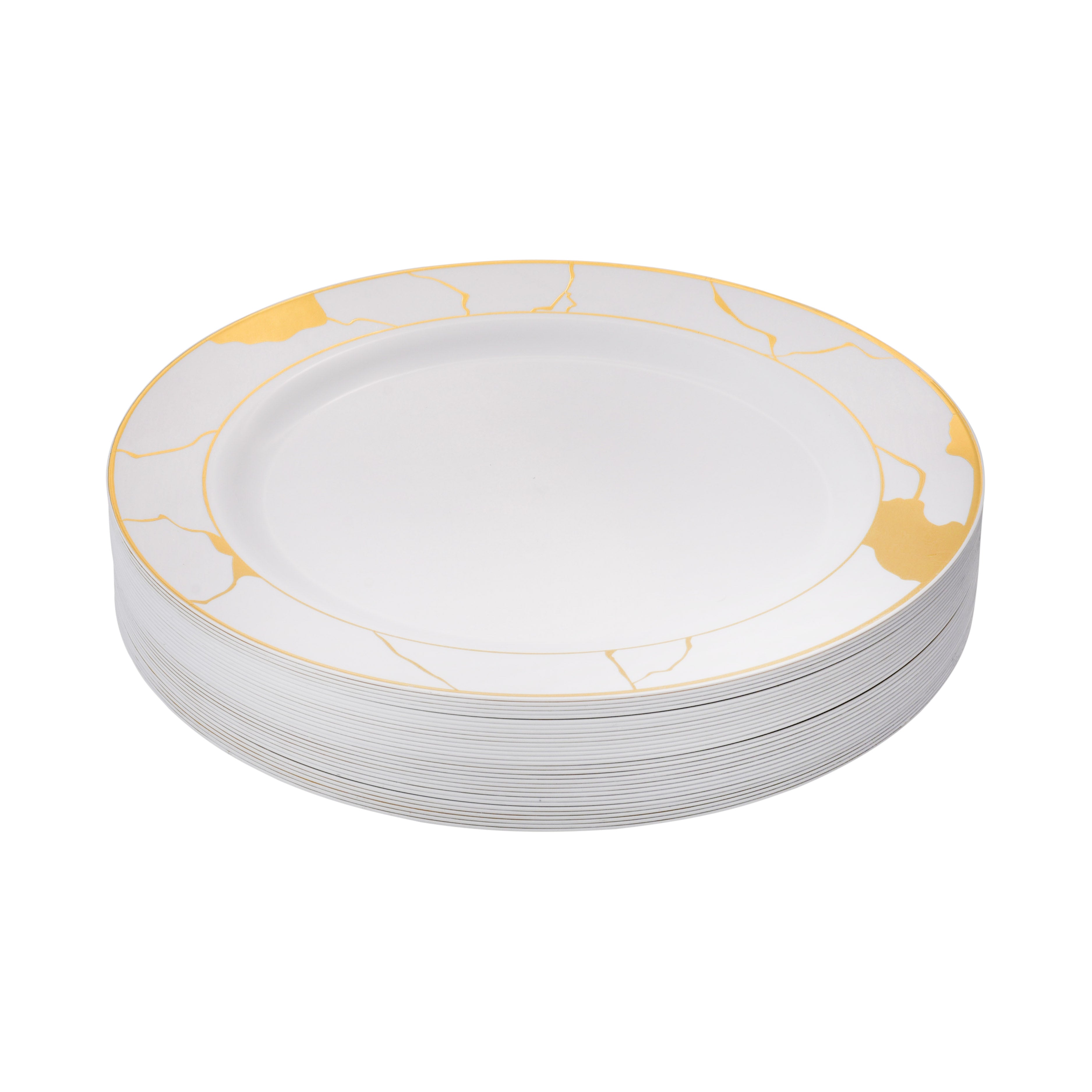White and Gold Round Plastic Plates - Marble