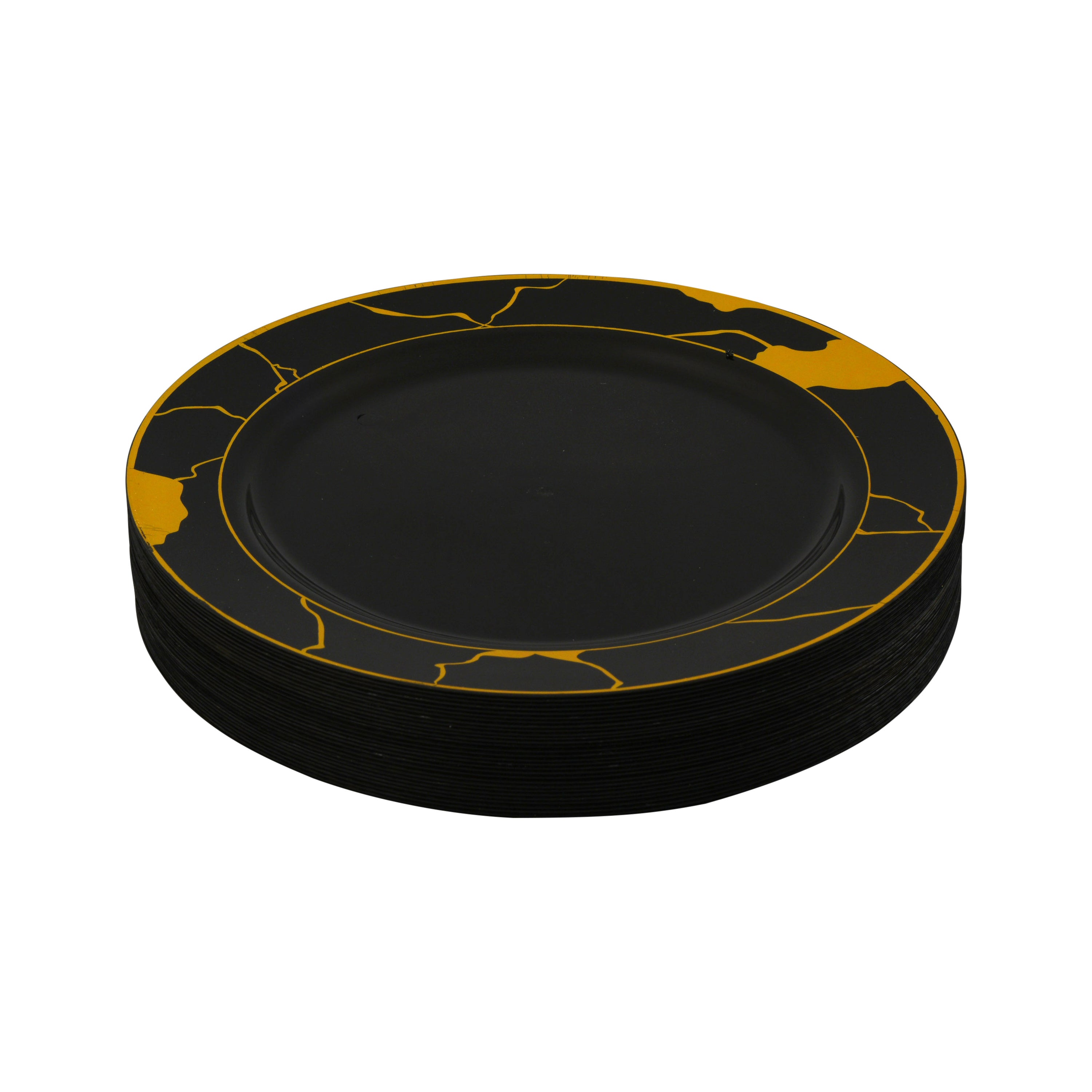 Black and Gold Round Plastic Plates - Marble