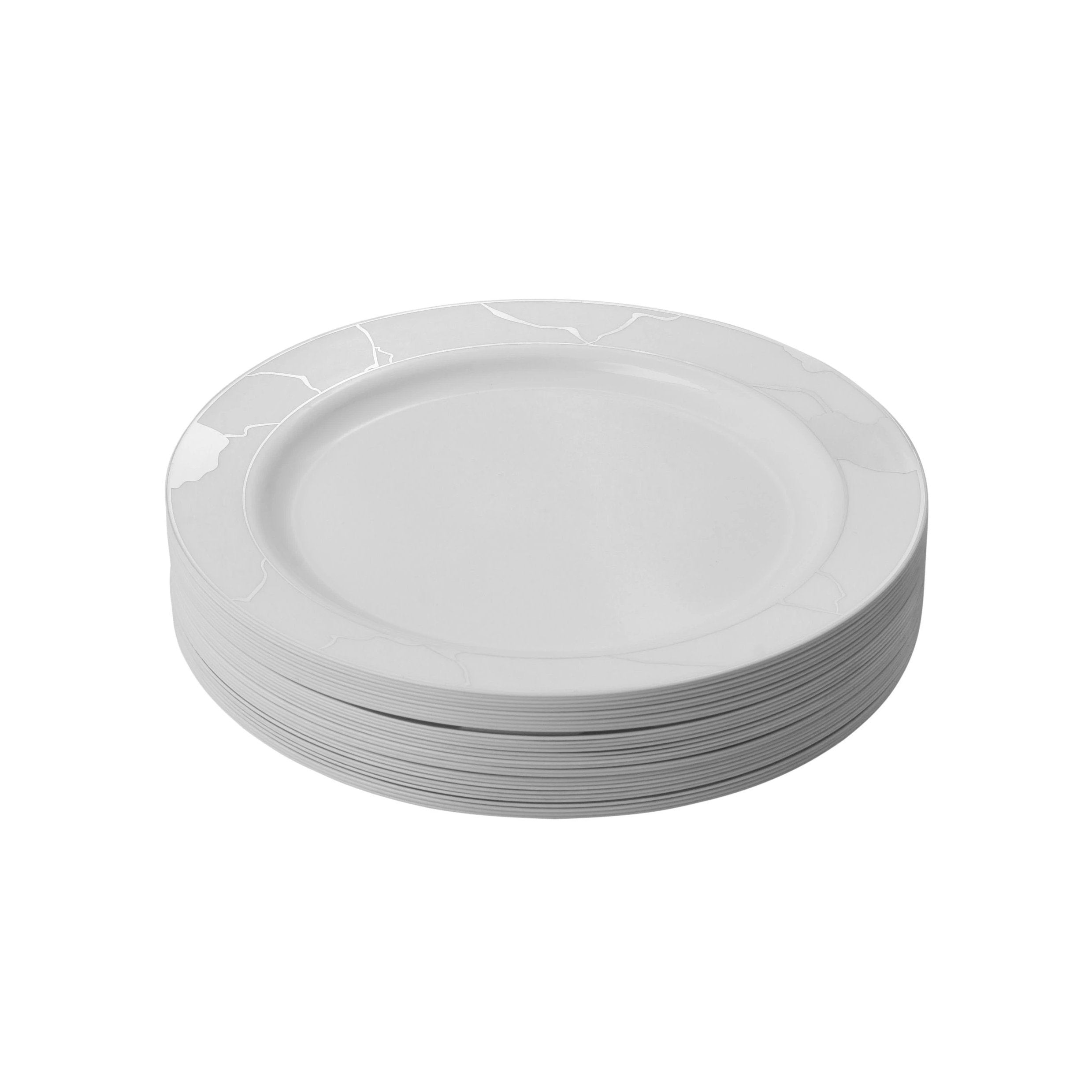 White and Silver Round Plastic Plates - Marble