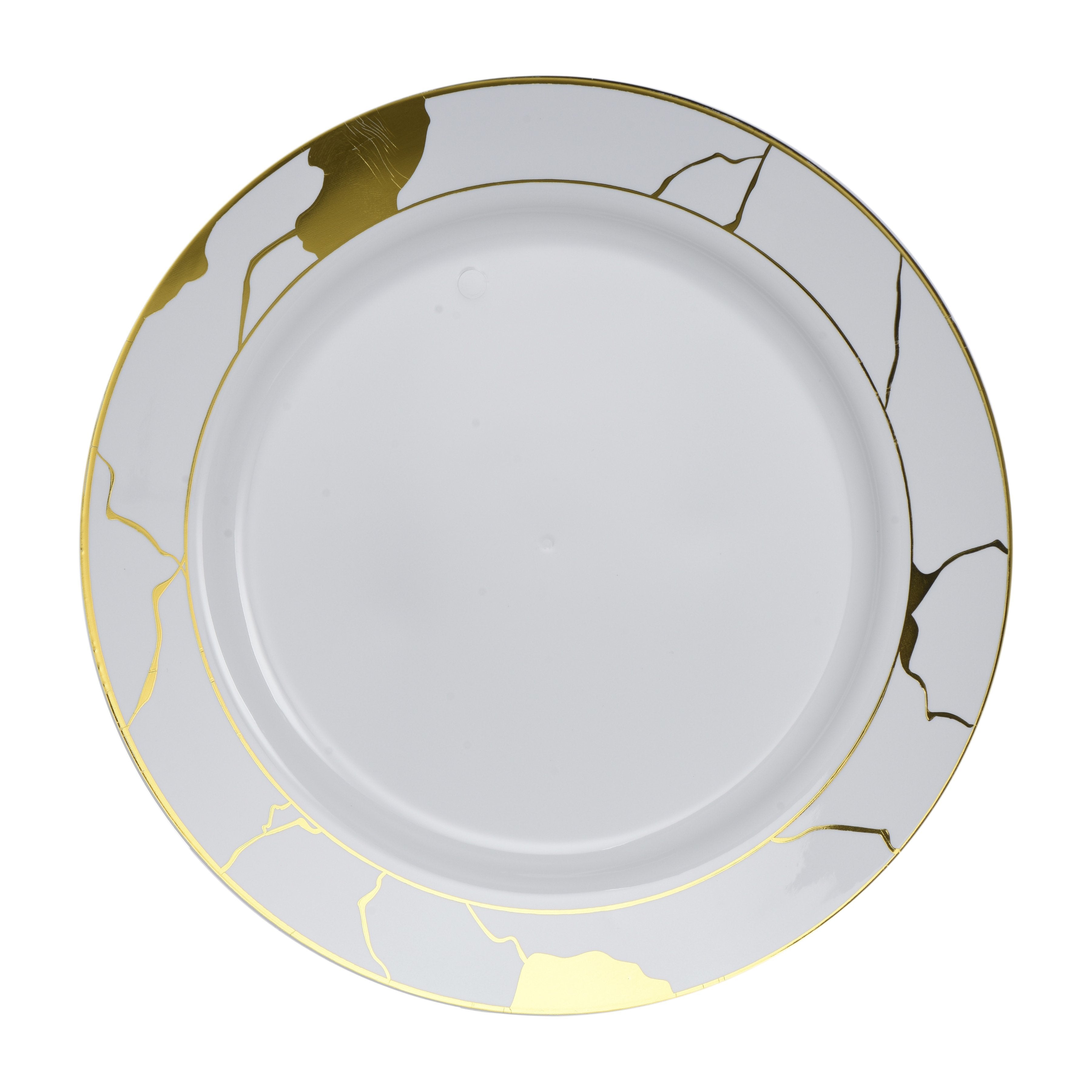 White and Gold Round Plastic Plates - Marble