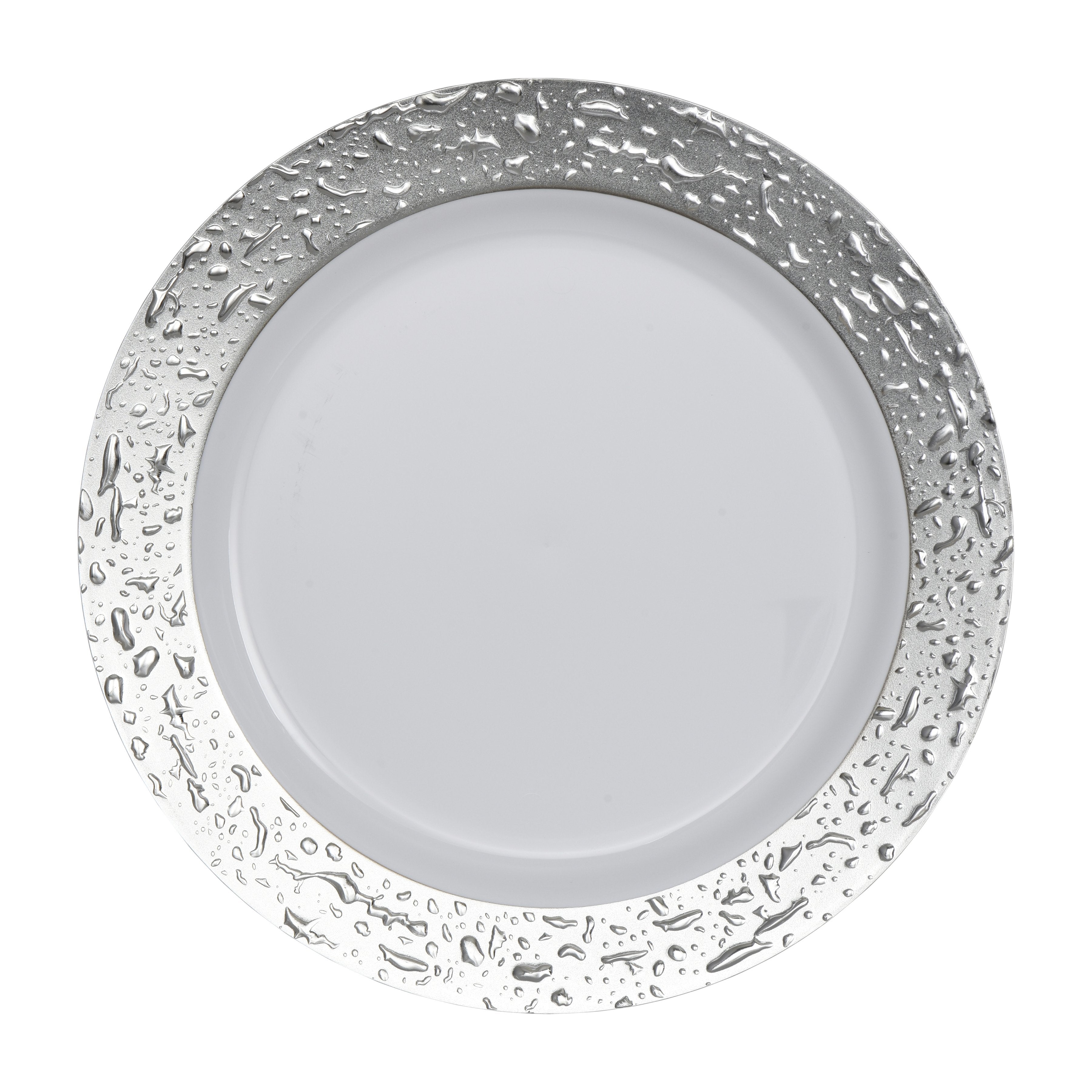 White and Silver Round Plastic Plates - Ros'ee