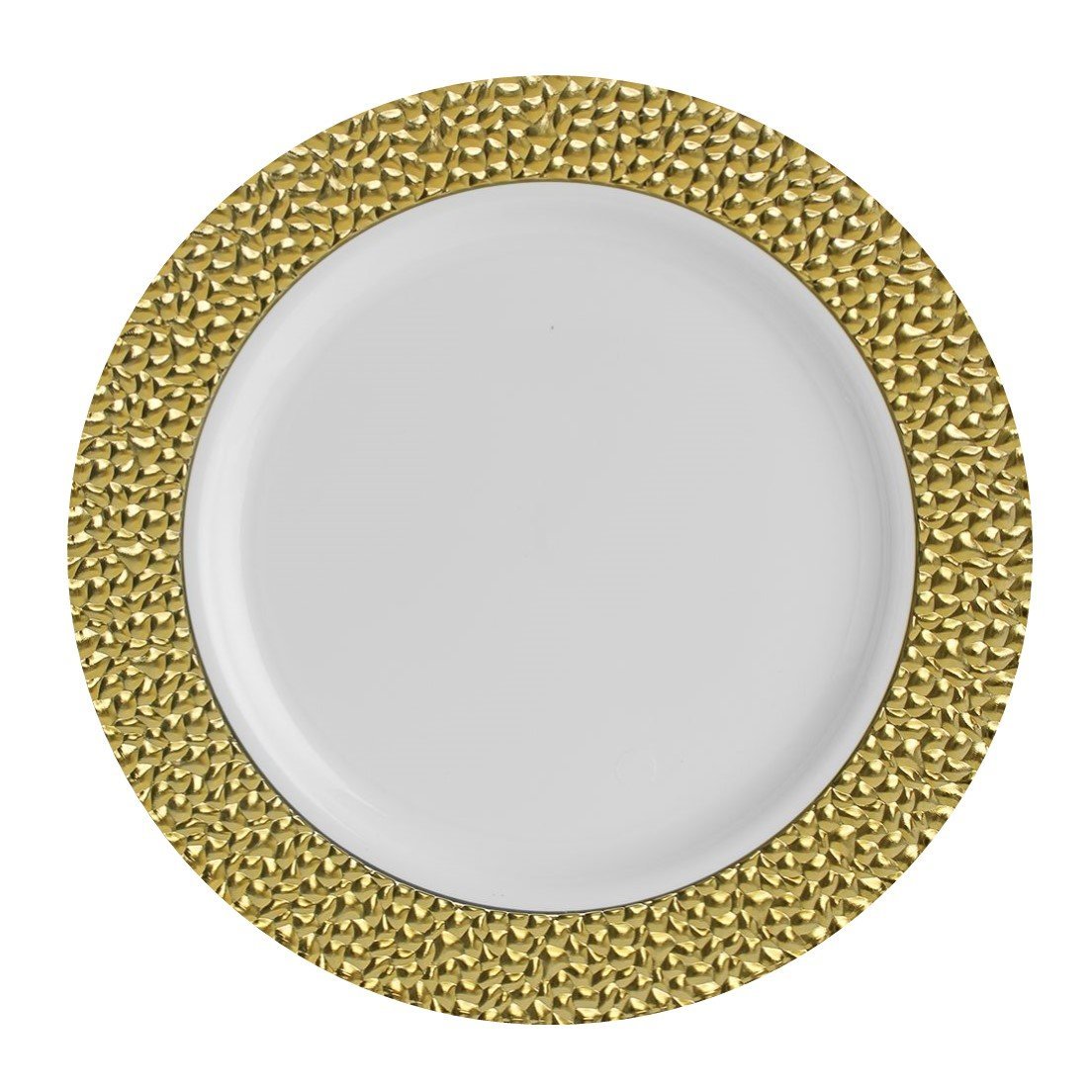 White and Gold Round Plastic Plates - Hammered