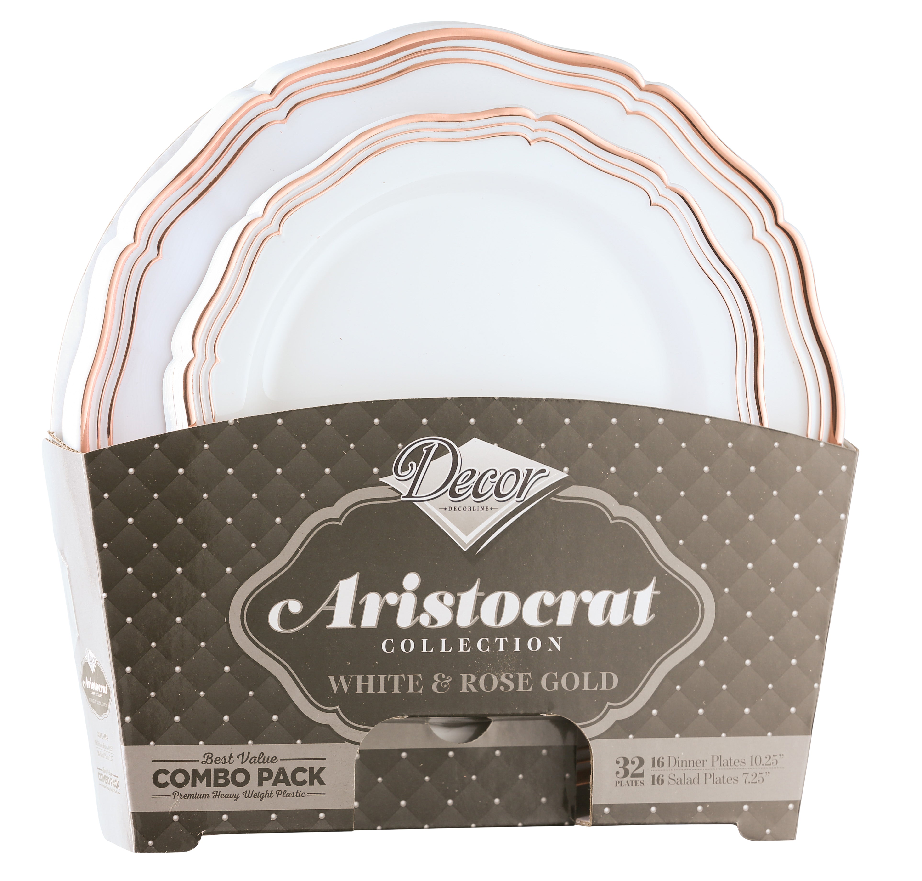 32 Piece Combo Pack Rose Gold and White Round Plastic Dinnerware Value Set (16 Servings) - Aristocrat