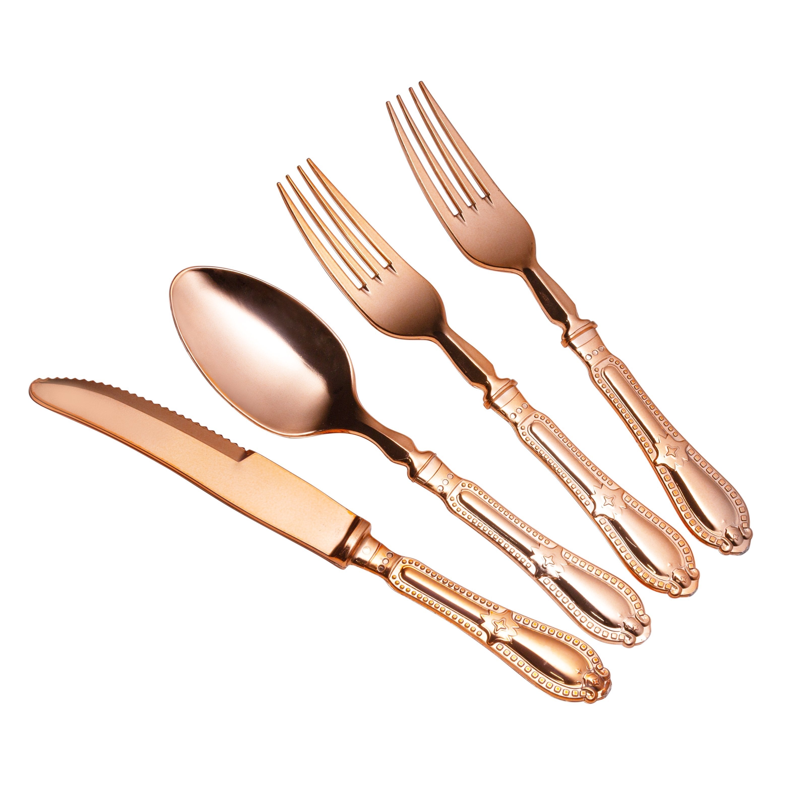 80 Piece Disposable Rose Gold Plastic Silverware Combo Set (20 Settings) - Baroque