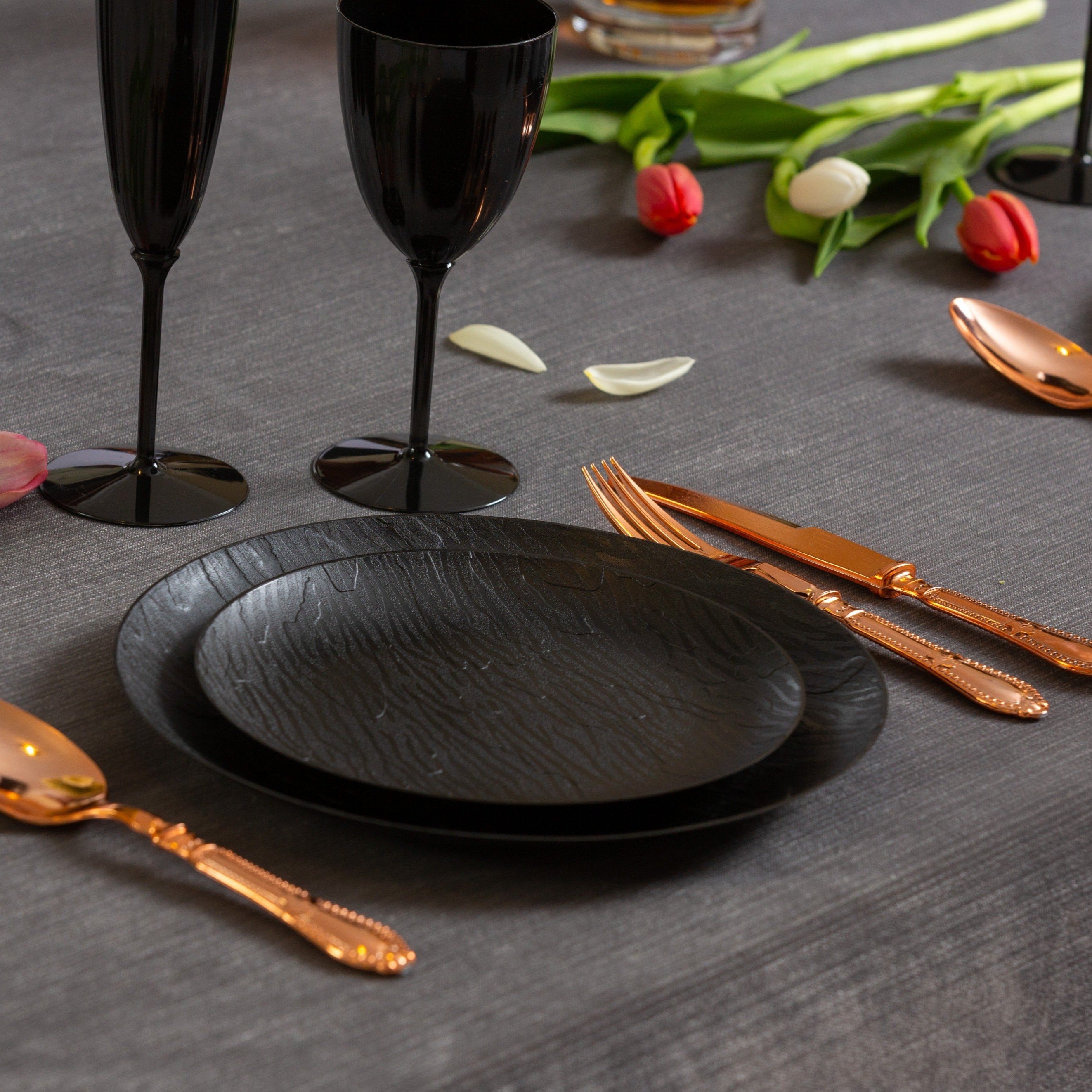Black Round Plastic Plates - Mahogany