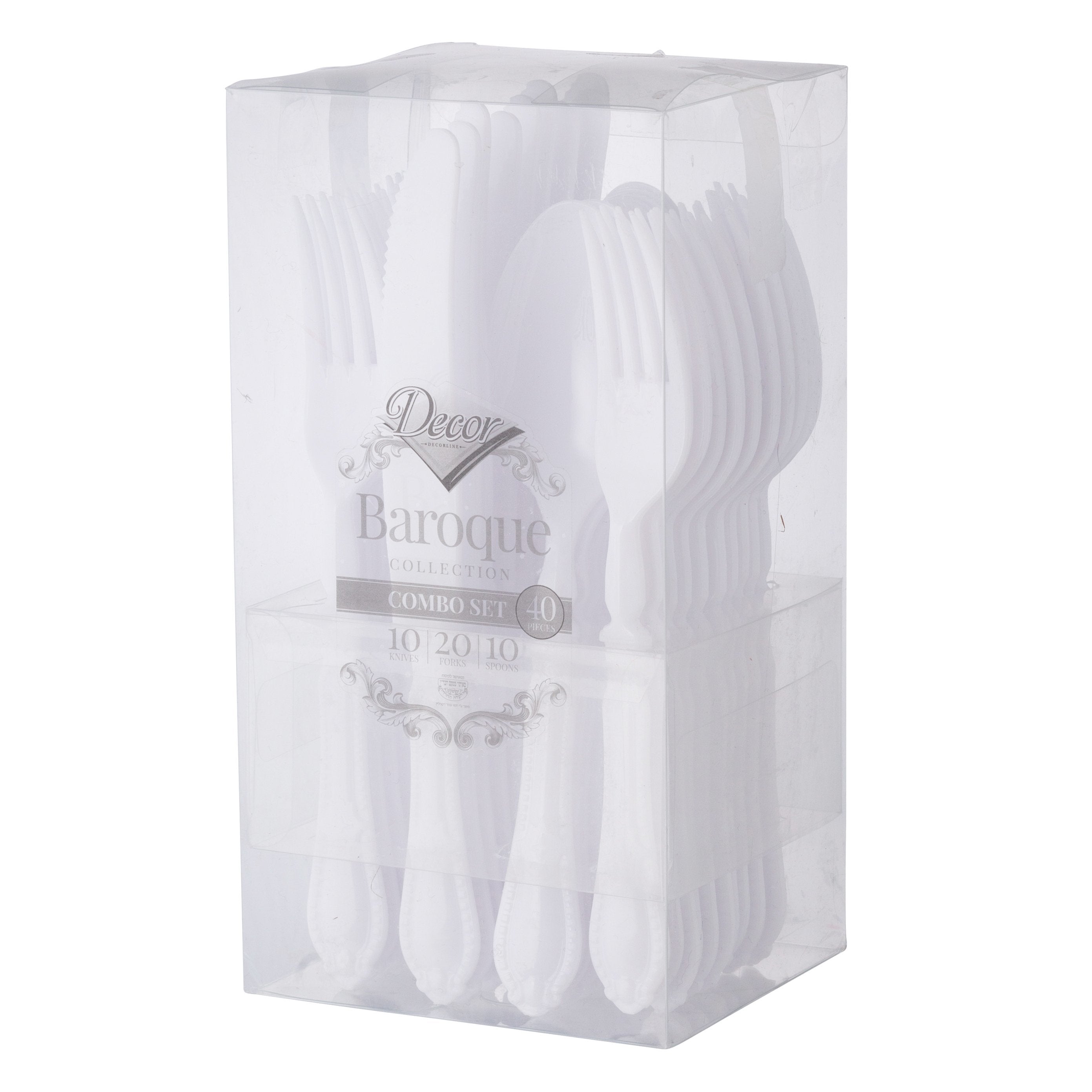40 Piece Disposable White Heavyweight Plastic Silverware Combo Set (10 Settings) - Baroque